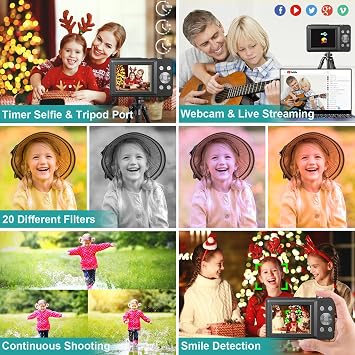 CAMKORY Digital Camera FHD 1080P 44MP Compact Camera 16X Digital Zoom Camera Small Easy Operation Image Stabiliser with 2 Batteries for Children Beginners Boys Girls Black