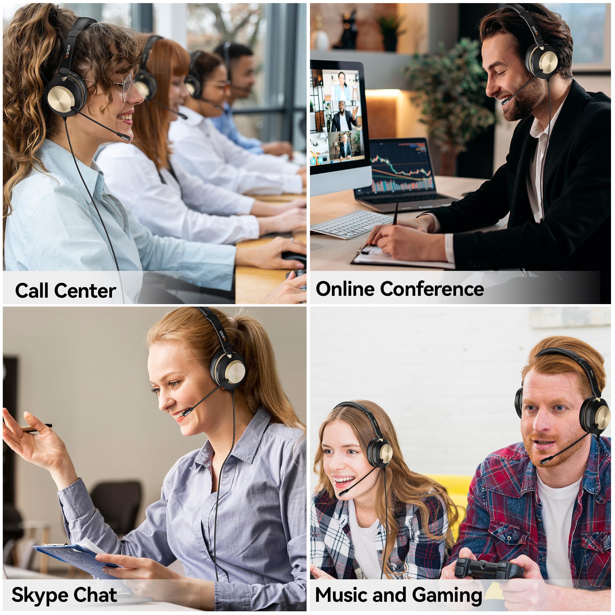 Auriculares USB con micrófono, conector tipo c/USB/0.138 in, auriculares de PC 3 en 1, auriculares con cable y cancelación de ruido con control de volumen para centros de llamadas, Skype, Zoom, 7