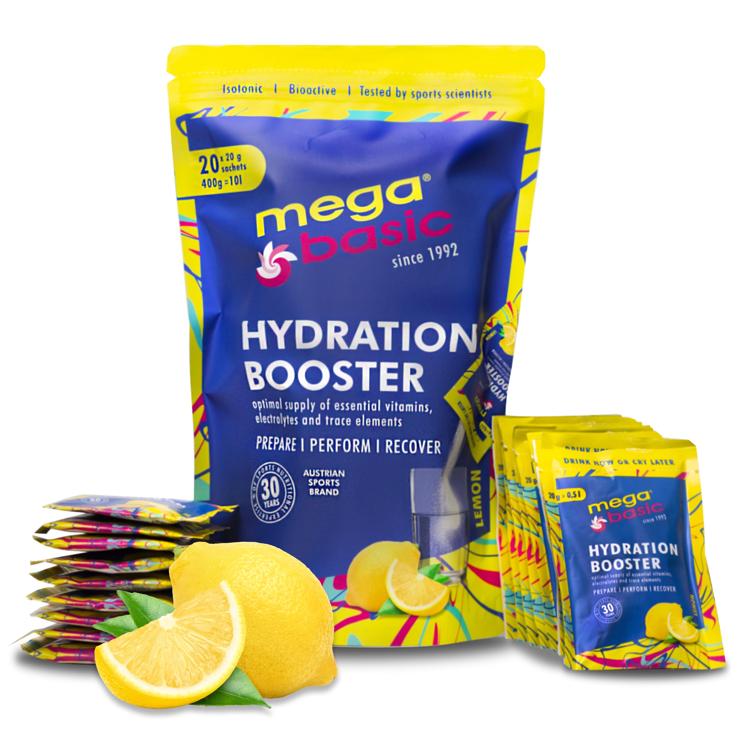 HYDRATION BOOSTER - Elektrolyt Pulver - Basisch-Isotonisches Sportgetränk, Premium Elektrolyte - Für Sport, schnelle Regeneration & optimale Hydratation - 20x20g Sticks - Zitrone