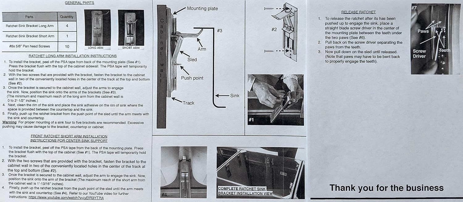 Ratchet Sink Bracket Kit - For under mount sink installation