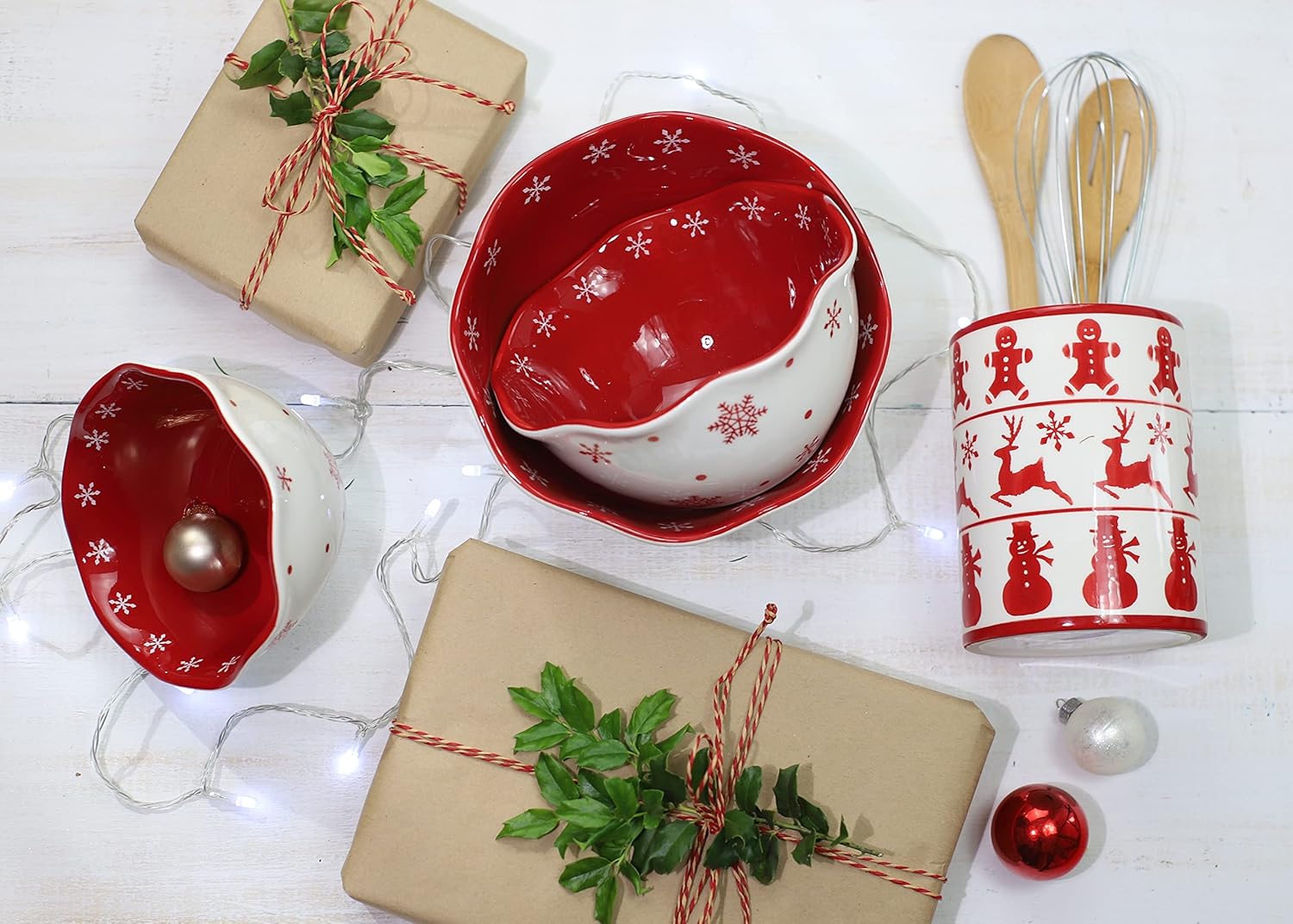 Euro Ceramica Winterfest Christmas 3-Piece Stacking Serving Bowls Set, Snow Flake, Dishwasher Safe