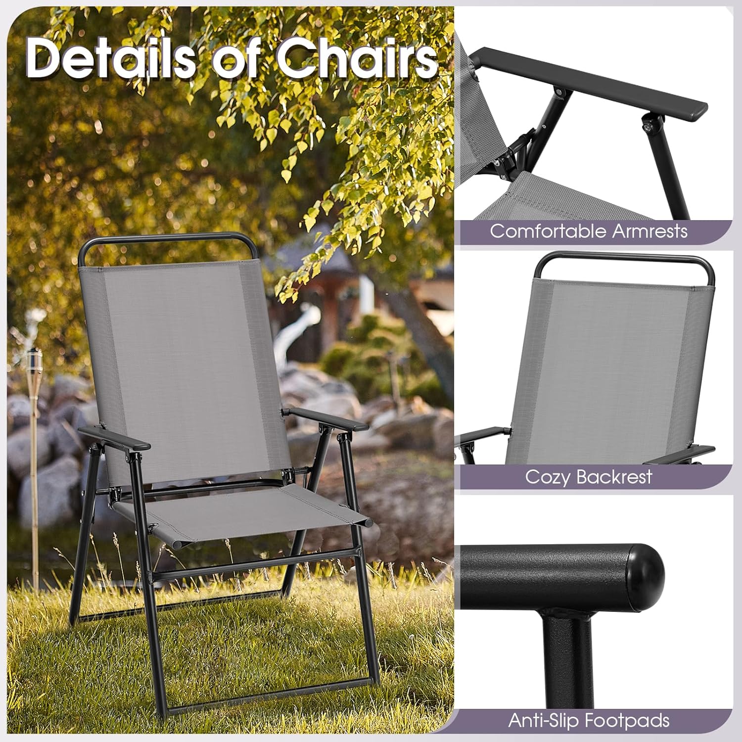 Giantex Patio Chairs Set of 4, Outdoor Folding Chairs with Armrests, Metal Frame, Outside Foldable Dining Chairs for Lawn Deck Porch Beach Yard (Gray & Black)