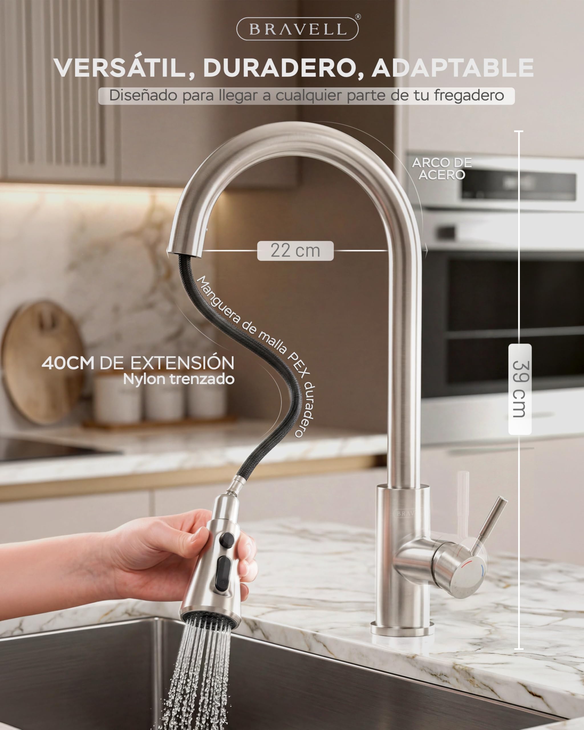 BRAVELL Grifo Cocina Extraible, Grifo Cocina Fregadero con 4 Modos Giratorio 360° Torneira Cozinha Monomando, Acero Inoxidable Mate, Latiguillos 3/8, Instalación Fácil y Completa (Acero mate 304 INOX)