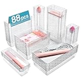 88PCS Clear Plastic Drawer Organizers Set, 5-Size Versatile Bathroom Drawer Organizer Trays, Storage Bins for Makeup, Vanity, Kitchen Gadgets Utensils and Office