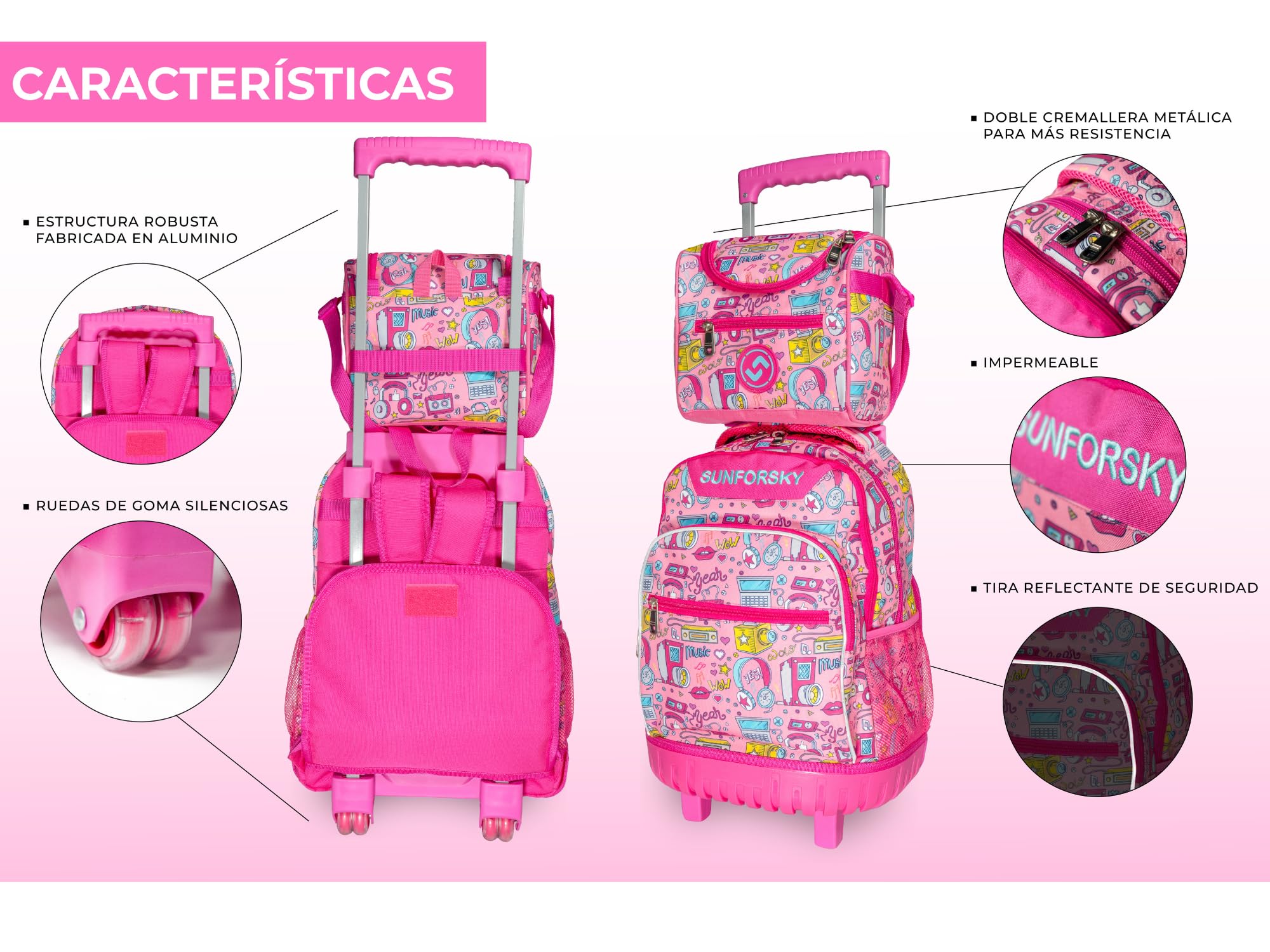 SUNFORSKY Zaino scuola con ruote per bambini e ragazze, trolley per zaino scolastico, include astuccio per matite e borsa per snack, convertibile per appendere la schiena, Modello rosa