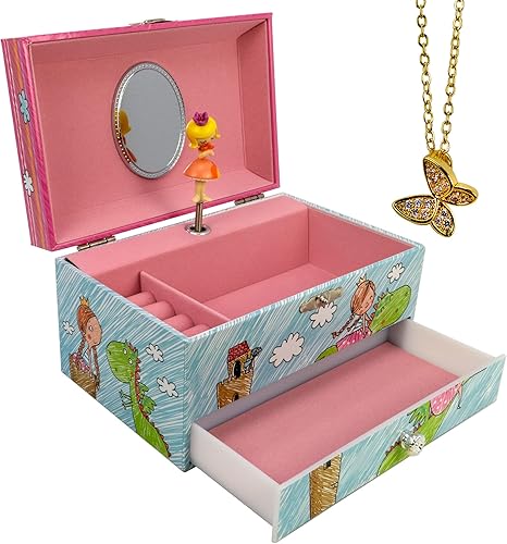 Joyero musical de princesa con simpática reliquia de dragón con collar de mariposa Joyero musical de princesa con simpática reliquia de dragón con collar de mariposa