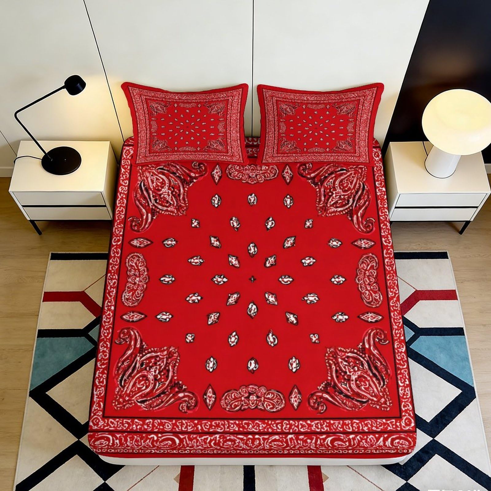 3D Printed Red Bandana Pattern Fitted Sheet Microfiber Soft Breathable Paisley Bed Cover for Bedroom Dorm Decor 90x200x25cm