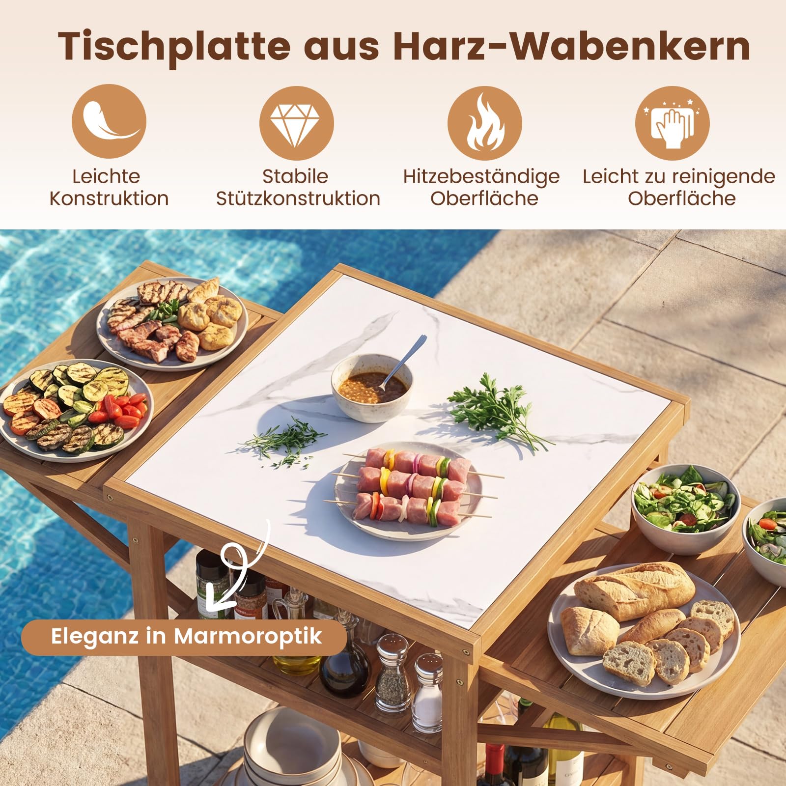 COSTWAY Grilltisch Outdoor, Campingtisch aus Akazienholz, Gartentisch mit 2 klappbaren Seitenablagen, 2 offene Ablage & Tischplatte in Marmoroptik, BBQ-Tisch für Grillen Camping Garten, Natur