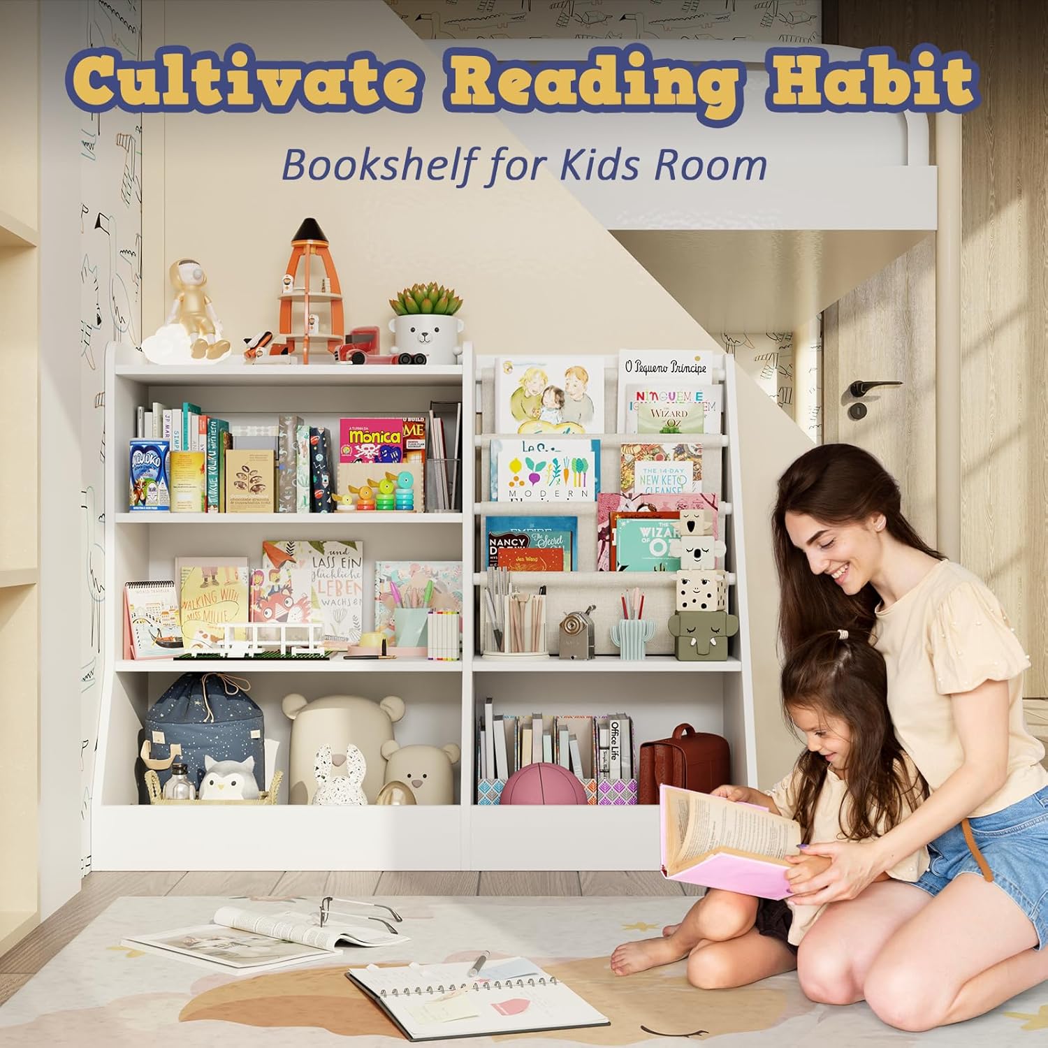 39" Large Kids Wooden Bookshelf and Toy Storage Organizer, Baby Bookcase with Sling Book Rack, Children Toddler Wooden Book Shelf for Kids Rooms, Playroom, Classroom, Nursery, School (White) - Image 4