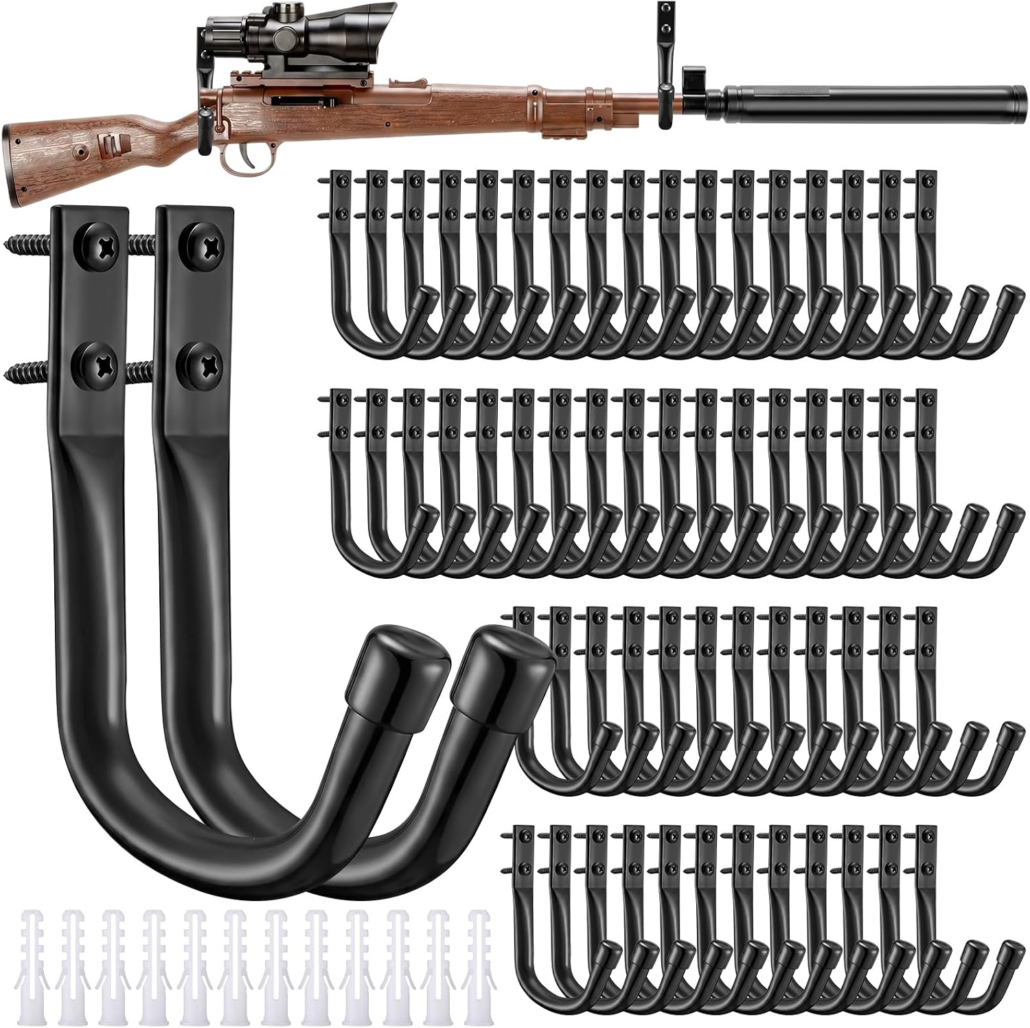 60 Pack Gun Rack Wall Mount Heavy Duty Steel Gun Rack Bulk for Wall Horizontal Metal Guns Hangers for Rifle Shotgun Bows with Soft Padding Guns Mount Holder Hooks for Walls Storage Display