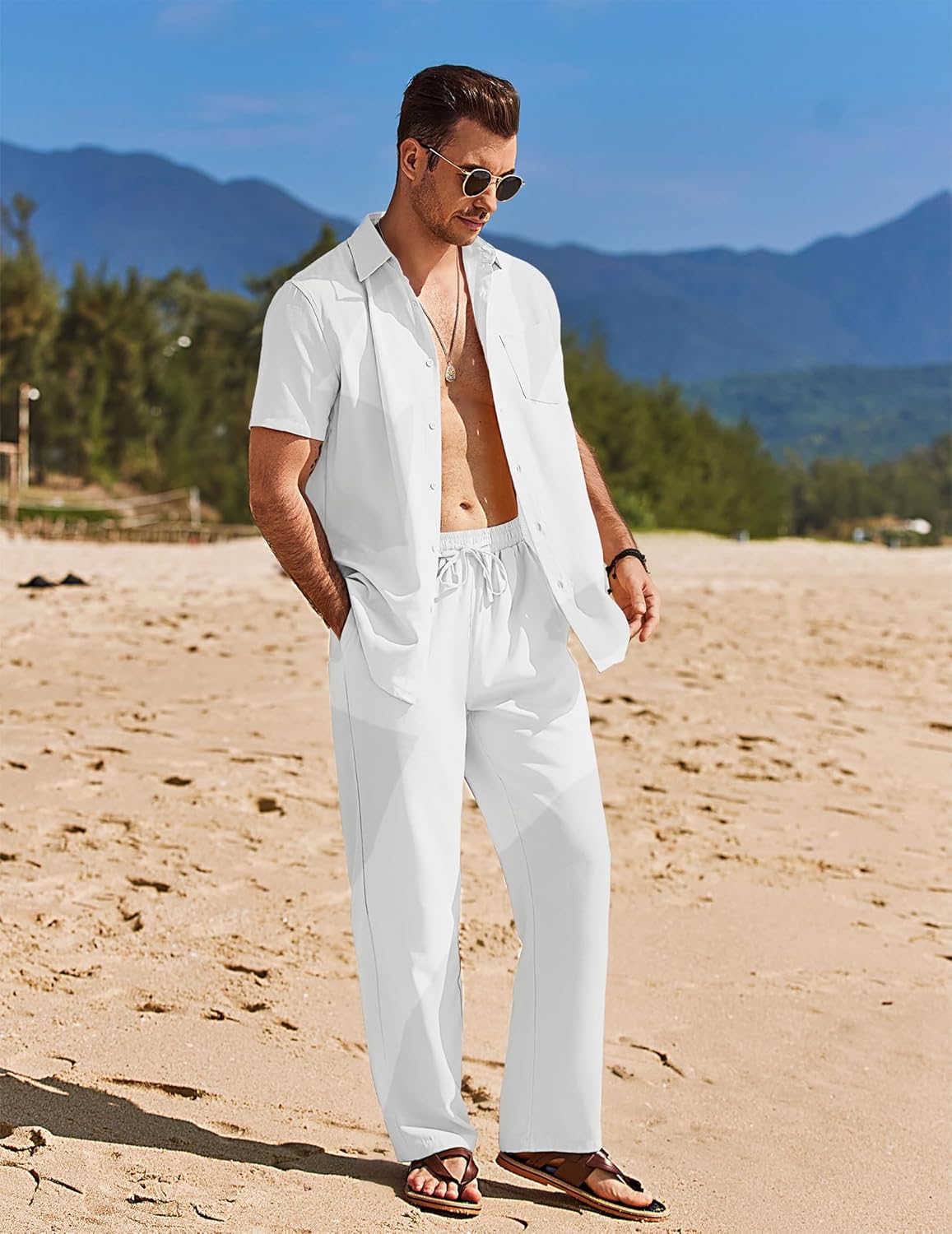 COOFANDY Mens 2 Piece Casual Beach Outfits Short Sleeve Button Down Shirts Summer Loose Pant Sets Vacation Walking Outfits - Image 3