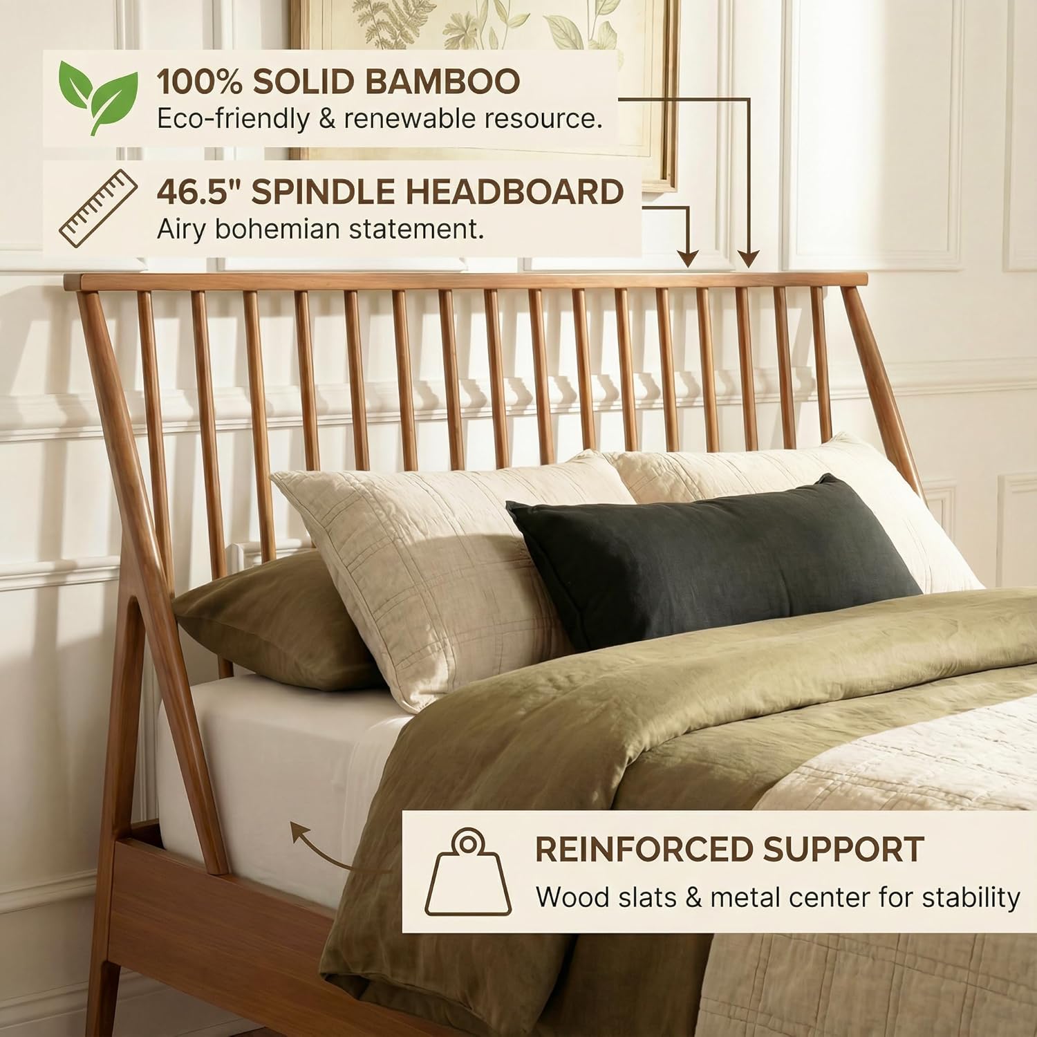 Merax King Size Solid Bamboo Wood Spindle Platform Bed with 46.5" Tall Headboard, Bohemian Bed Frame with Wooden Slats and Metal Support, Mid-Century Modern Style, No Box Spring Needed, Brown