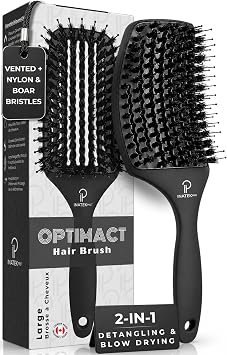 Boar Bristle Hair Brush Women | Curved-Vented Soft Paddle Brush for Thick Hair | Fine & Curly Hair | Boar Bristle Brush for Smooth & Shiny Hairs | Men, Women & Kids Hairbrush Large-Black