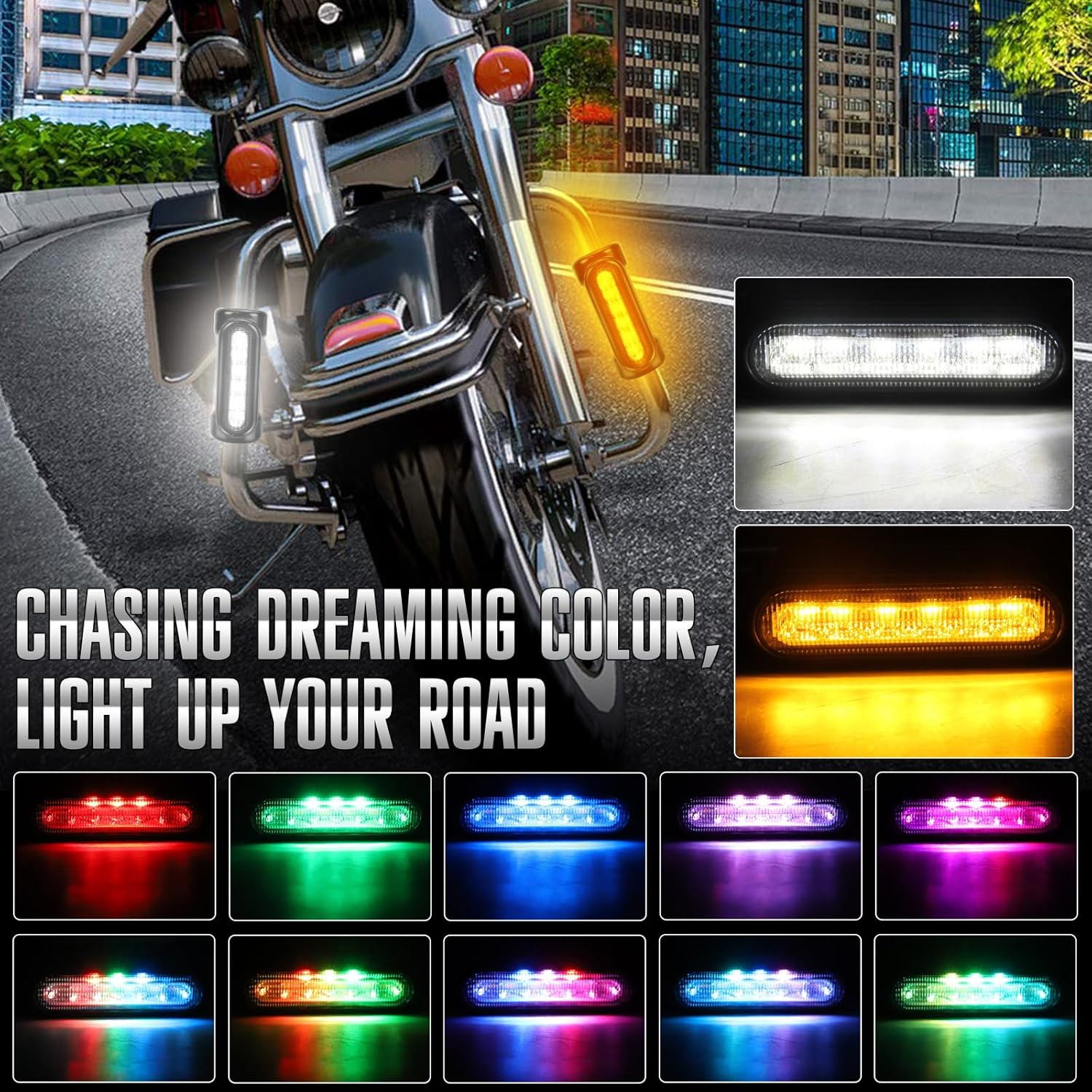 Motorcycle Highway Bar Lights Switchback Driving Lights Led Amber Turn Signals White Driving RGB Atmosphere LED Crash Bar Lights for 1-1/4 inch Crash Bars Touring Bikes Motorcycle Lights (Black)