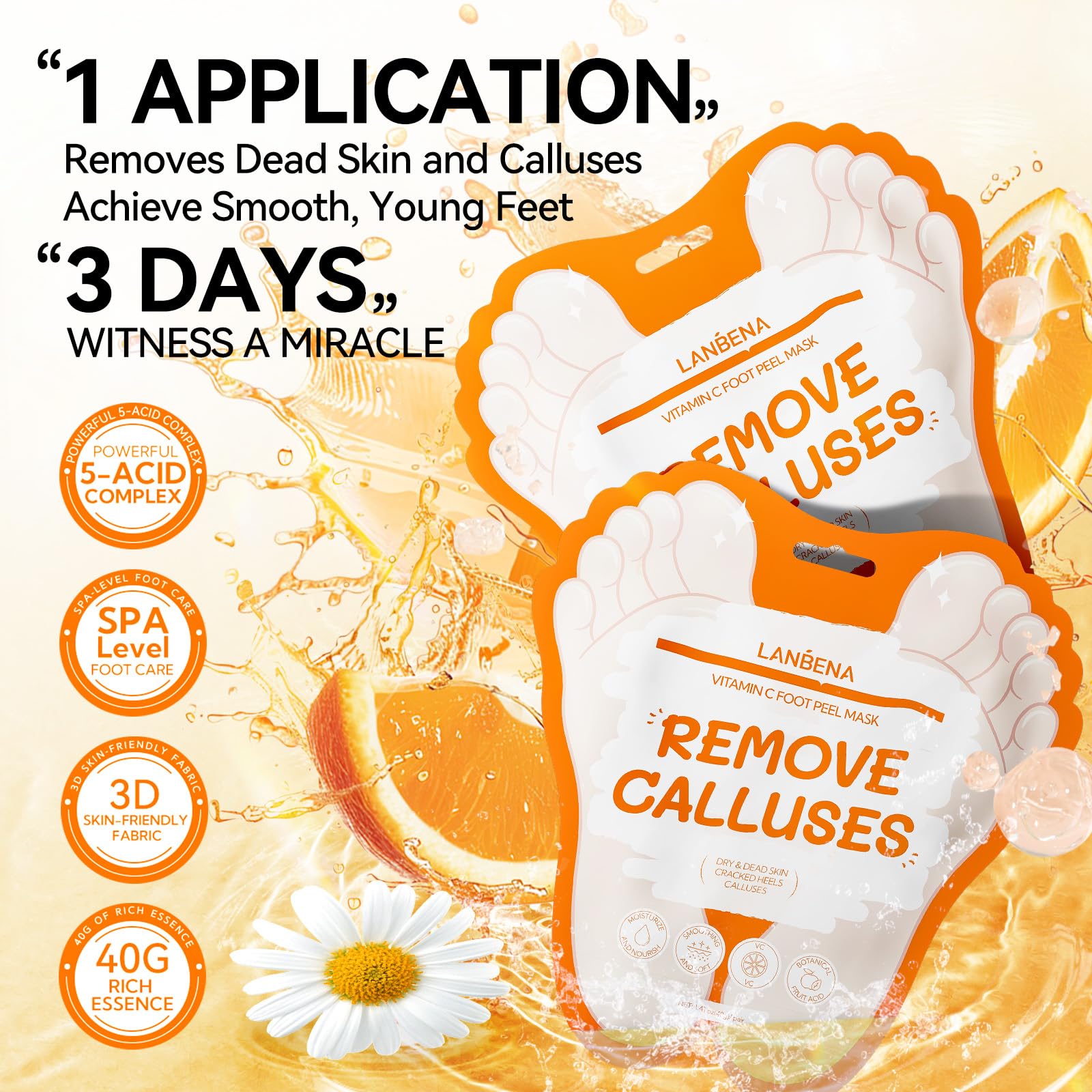 LANBENA Vitamin C Foot Peeling Mask, Foot Mask for Dry Cracked Feet Exfoliator Peel Off Calluses Dead Skin Callus Remover - Image 2