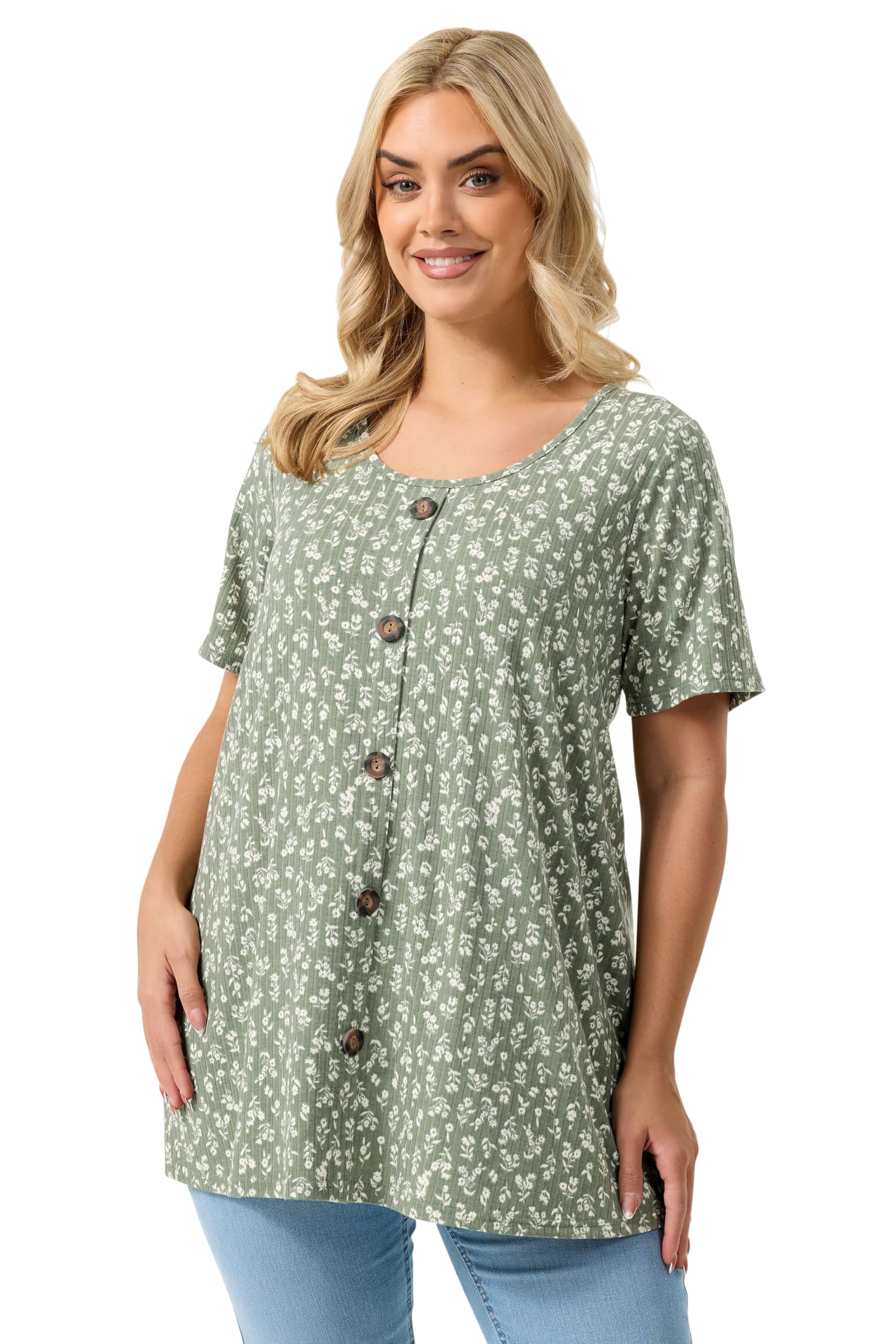 Yours Curve Sage Floral Ribbed Swing Top - Women's - Plus Size Curve Green