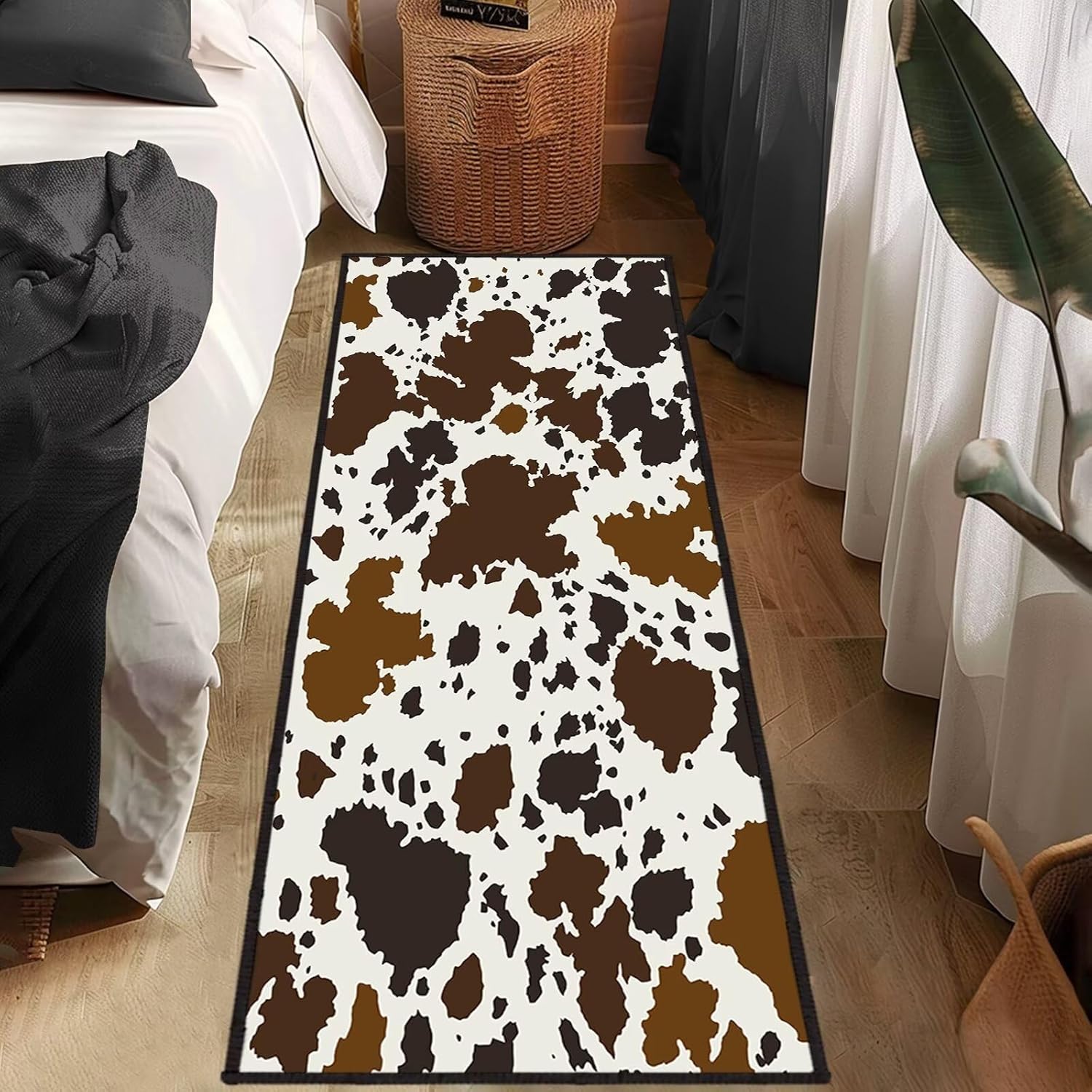2x6 Cow Print Rug, Brown Black, Machine Made, Low Pile, Soft, Non-Slip, Washable, Indoor, Rectangular Runner for Bedroom, Hallway, Kitchen, Bathroom, Living Room