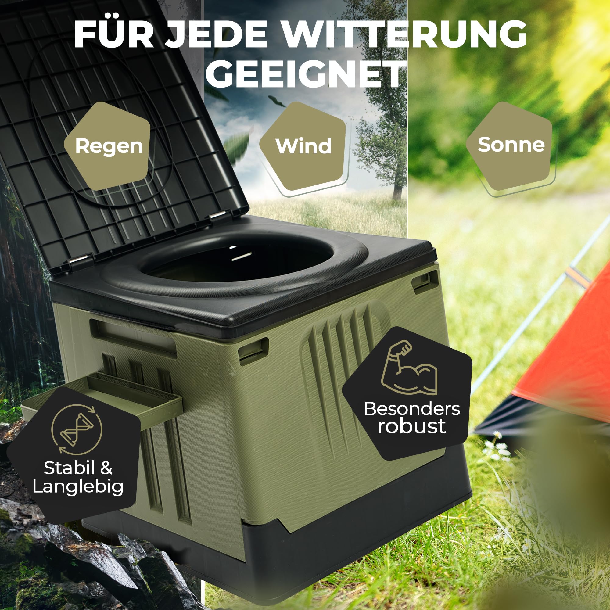 Campingtoilette faltbar | Klapptoilette bis 150 kg inkl. Ablagefach & 12x Tüten | Mobile Toilette Camping WC | Outdoor, Festival, Stau, Notfall | Größe M grün