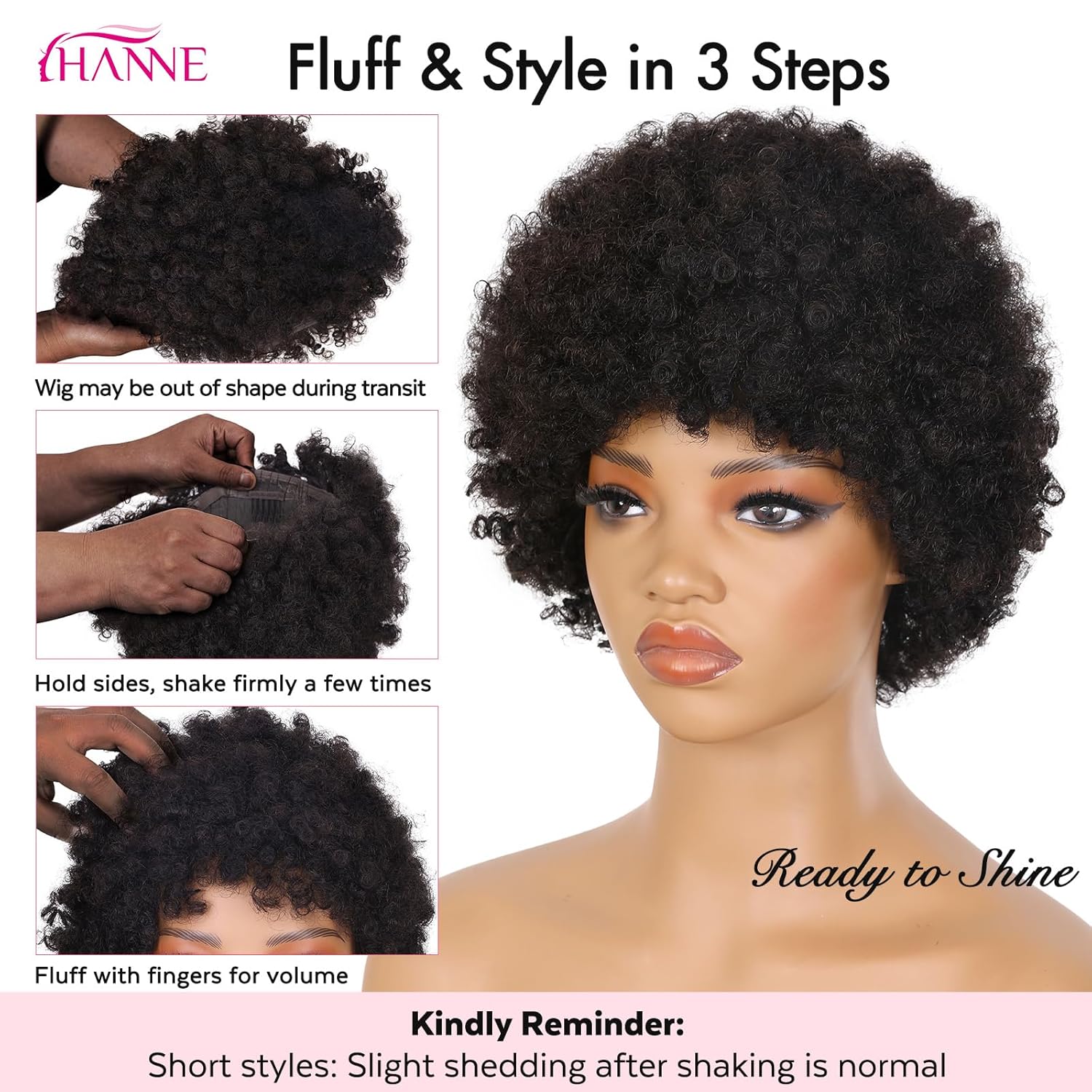 HANNE Short Afro Wig for Black Women 100% Human Hair Tight Curly Wig Short Curly Wig (Black)