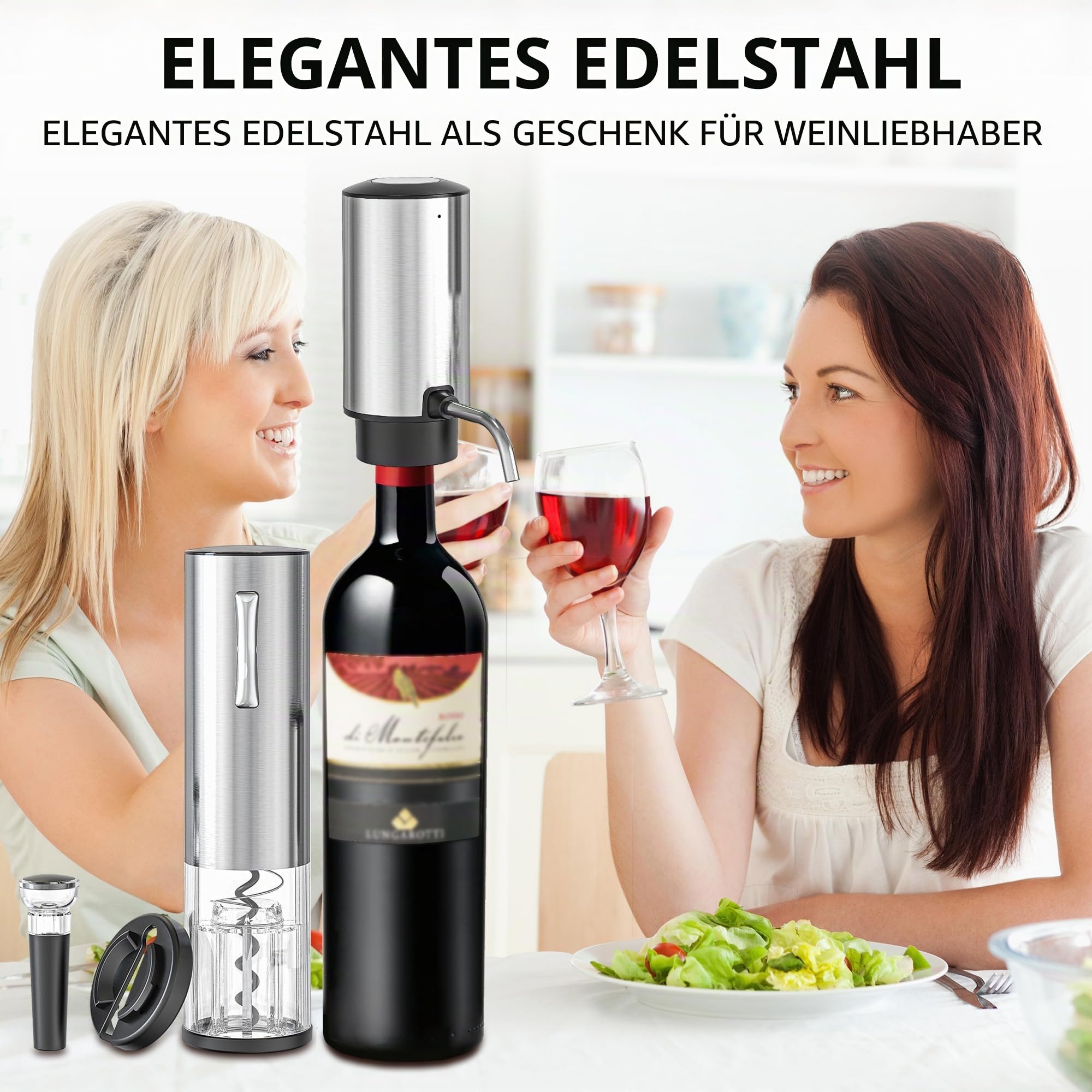 Electric Wine Bottle Opener Set Rechargeable Stainless Steel, 4 in 1 Automatic Electric Corkscrew, Automatic Electric Wine Aerator, Foil Cutter and Vacuum Stopper, Gifts for Wine Lovers
