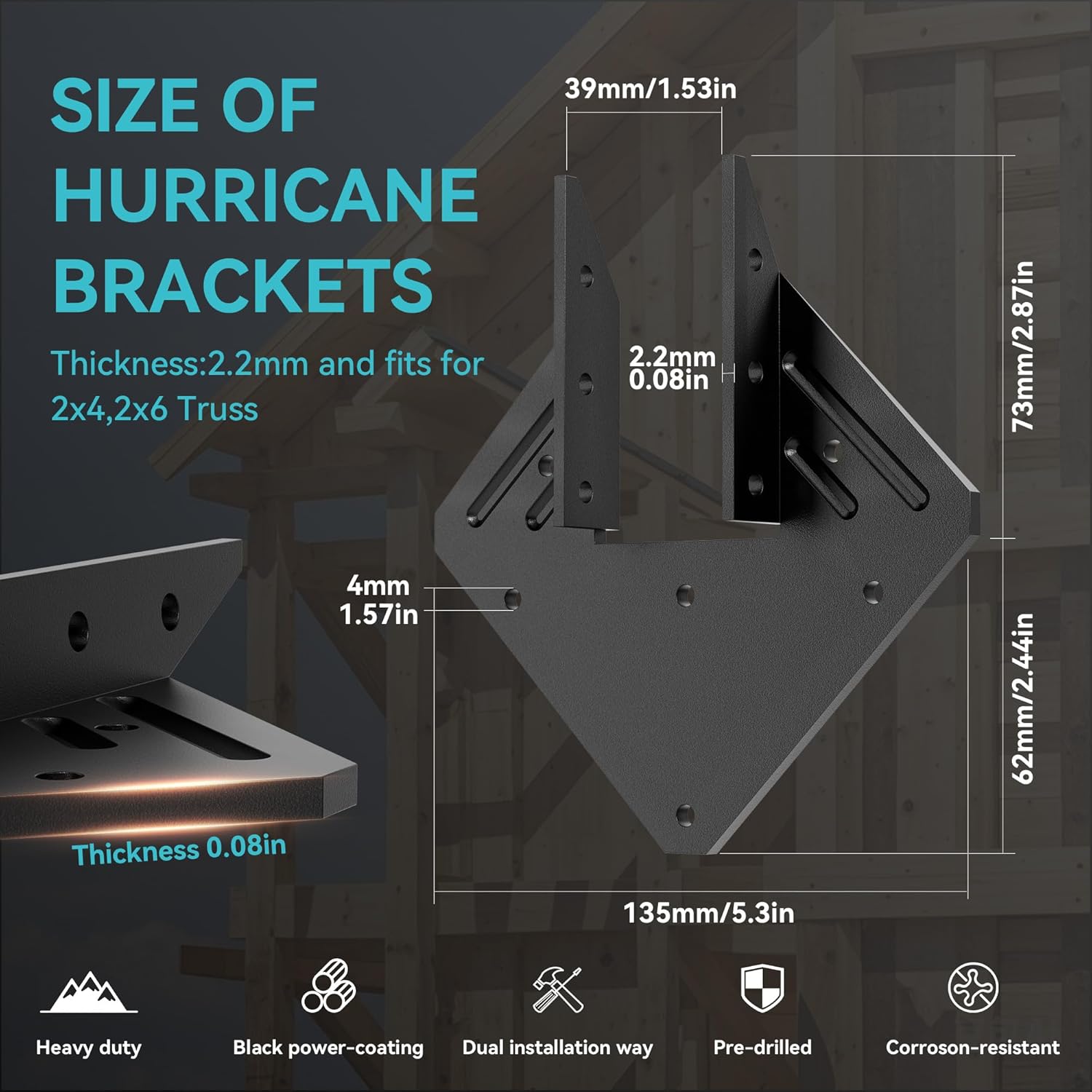 30 PCS Heavy Duty Black Hurricane Ties for Rafters,13 Gauge Roofing Hurricane Straps Thickness 2.2mm Fit 2x4,2x6,Hurricane Clips for Roofing Trusses Wood Timber,Roof Brackets,Seismic Joist Hangers