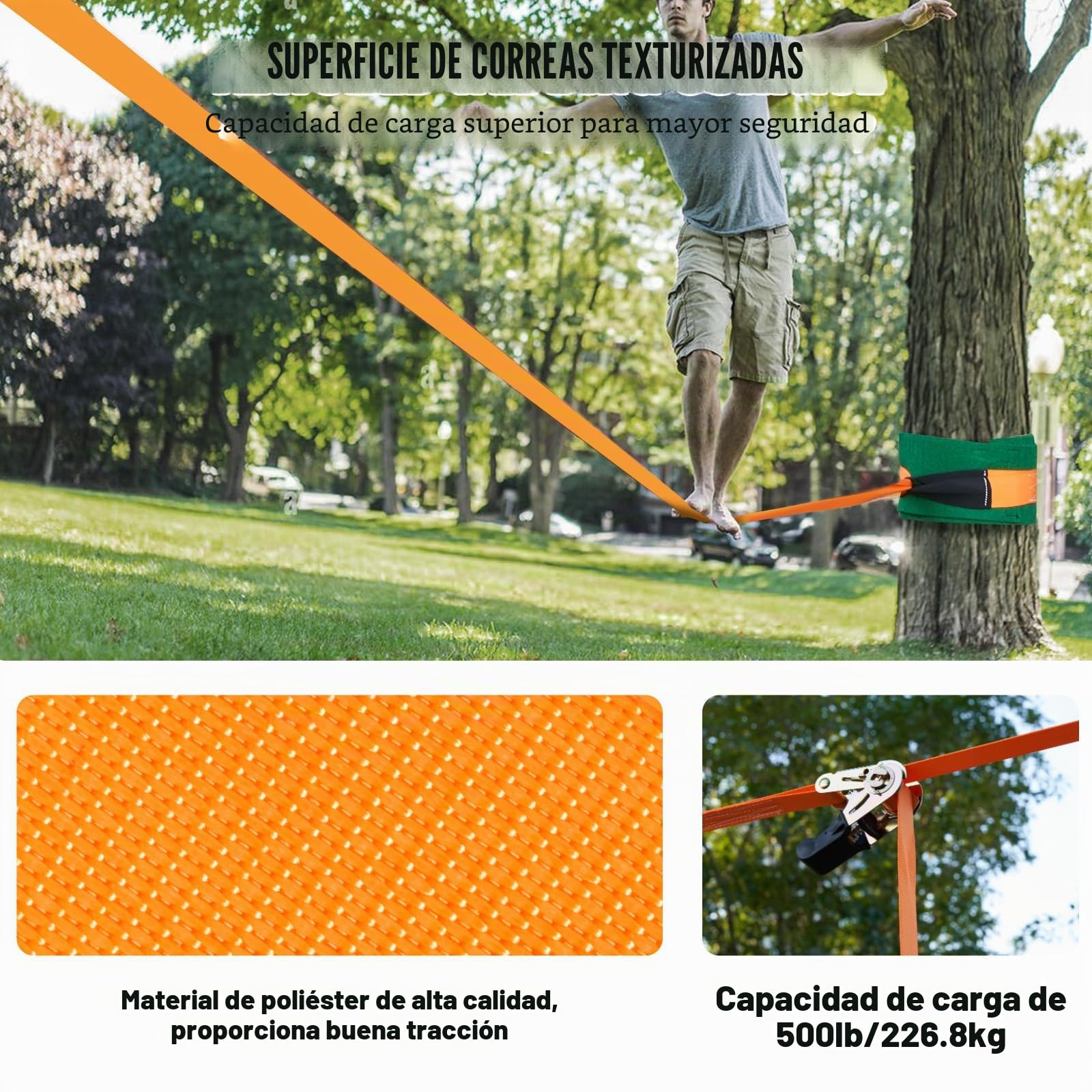 VEVOR Correa de Equilibrio de 60 pies Carga 500 libras Juego Completo con Protector de Árbol Entrenador de Brazo Curso de Equilibrio de Fácil Configuración para Niños Adultos Principiantes y Avanzados