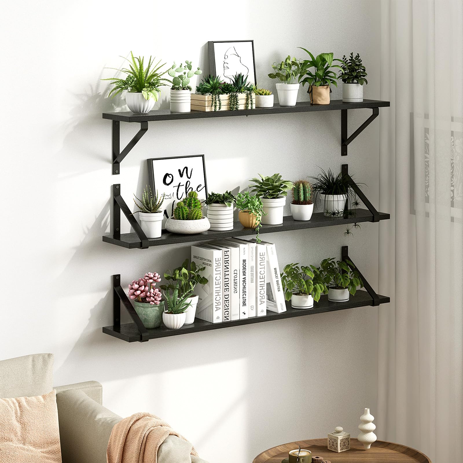 Fixwal Floating Shelves, 36 Inch Wall Bookshelf Set of 3, Large Floating Book Shelves for Wall Decor, Rustic Wood Wall Storage Shelves for Bedroom, Living Room, Kitchen, Bathroom (Black)