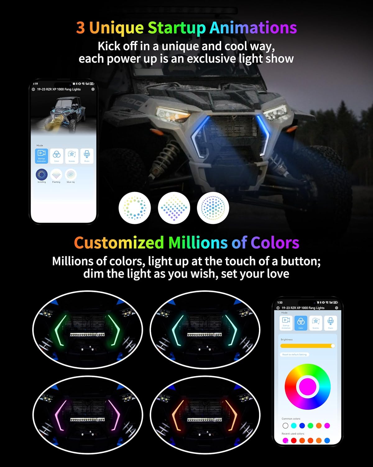 LED RGB Fang Lights for Polaris RZR XP 1000 XP Turbo 2019-2023/ RZR Trail S 2021-2025 Accessories, DRL & Turn Signal Light witrh App Controlled Colors/Startup Animation/Smart Scene/Music Sync