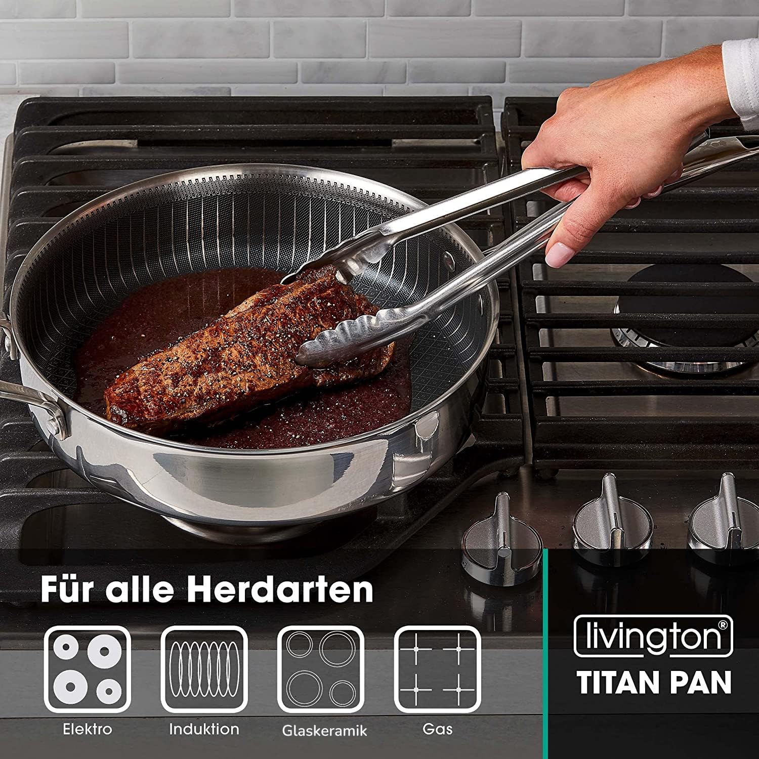 LIVINGTON Titan Pan - Große Pfanne mit Deckel 28 cm - hohe Servierpfanne - Hochrandpfanne mit Diamantpartikel - edelstahl - große Schmorpfanne inkl. Frittierkorb