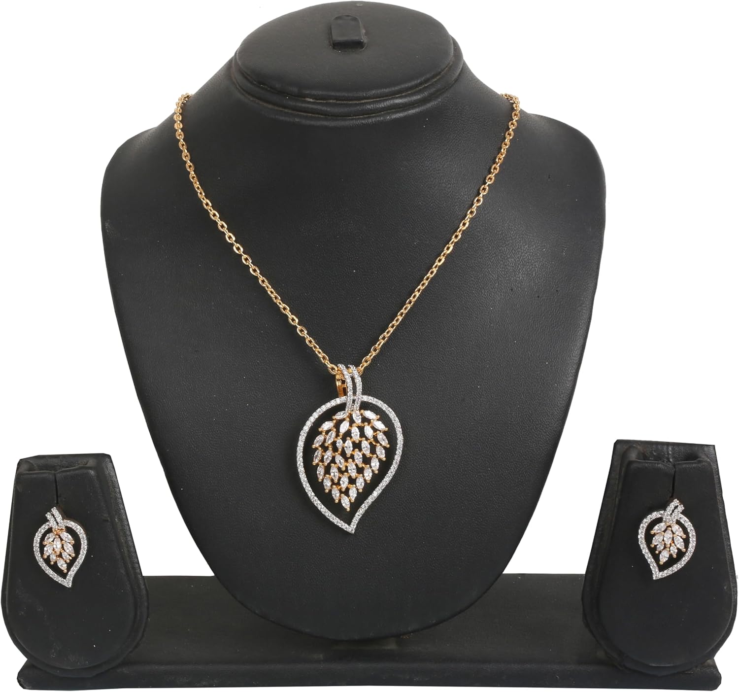 Touchstone White and Gold Plated Simulated Diamond Round Cut Cubic Zirconia Cz Pendant Earrings Chunky Chain for Women Designer Jewelry.