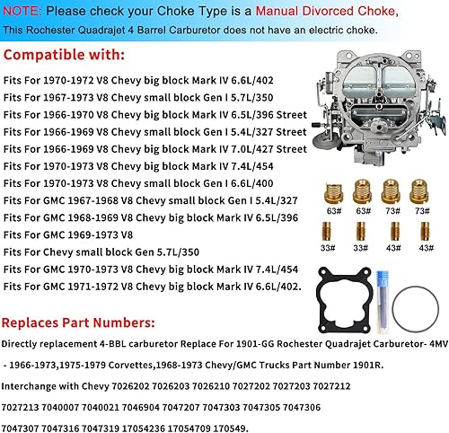 Miniatura 10 de Rochester Quadrajet Carburador de 4 barriles para motores 1901R GMC Chevy Carb 1966-1973 350 327 427 Big Small Block V8, 1901-GG 4BBL Carb 4MV