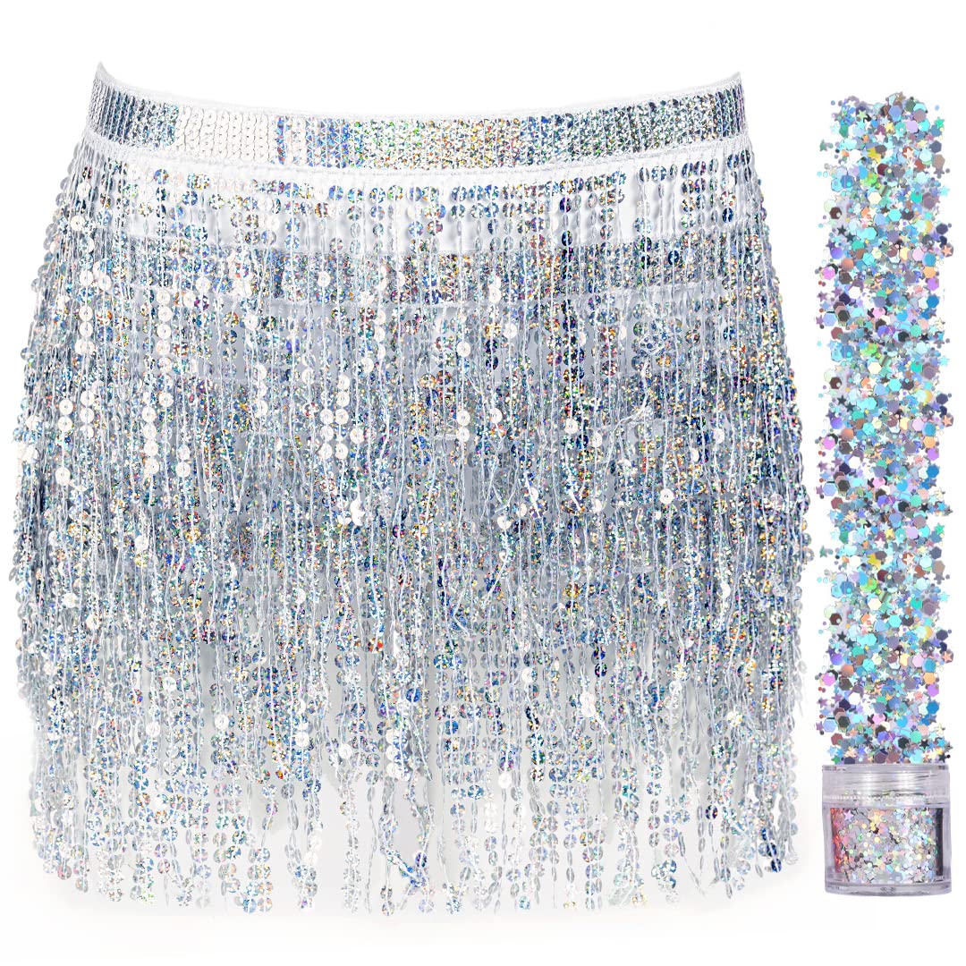Funcredible Sequin Fringe Mini Skirt | Holographic Tassel Skirts - Cowgirl Outfit (Large&XLarge, Silver)