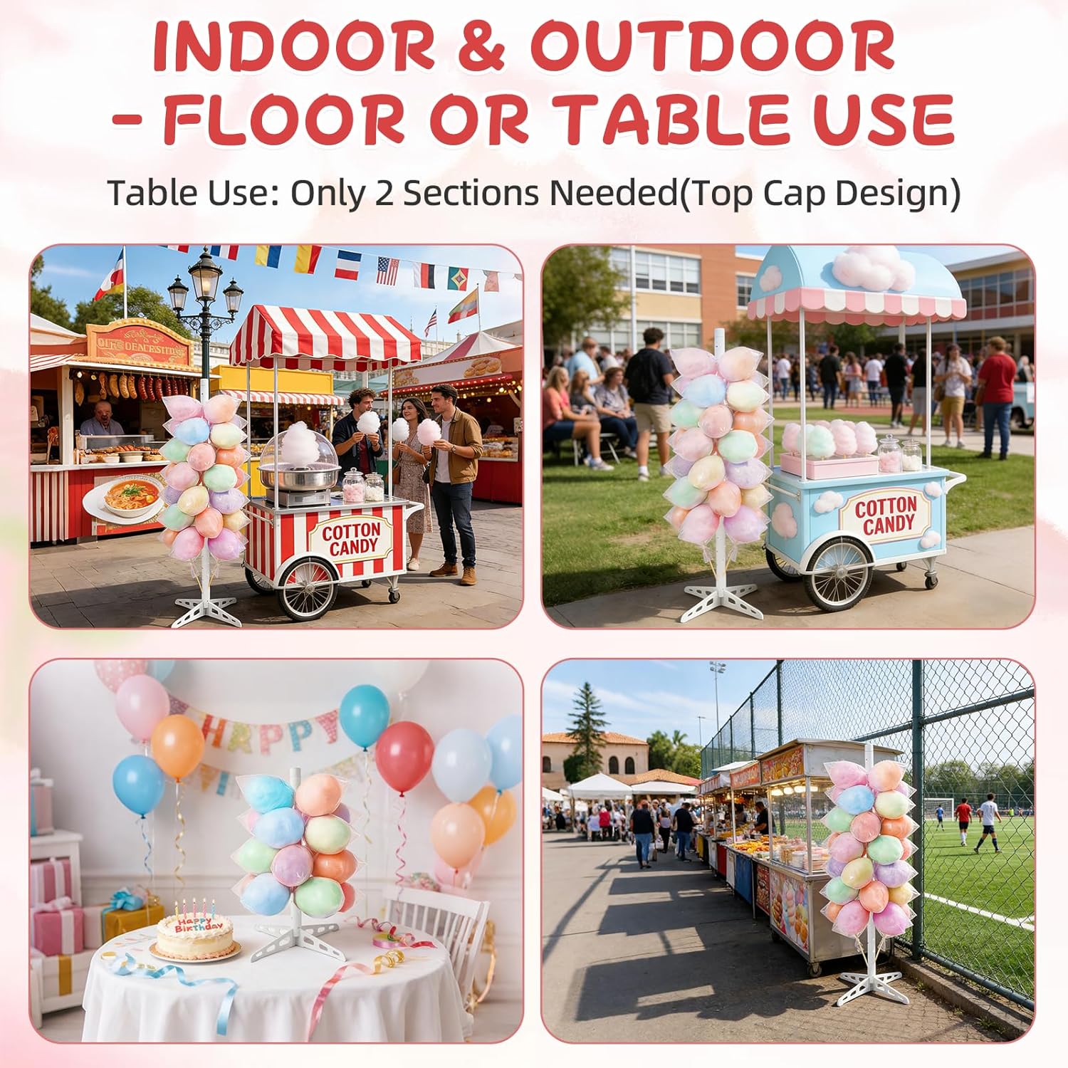 Adjustable Cotton Candy Stand with 48 Holes, Plastic Floor Display Rack for Cotton Candy Cones, Cake Pops & Treats, Party Stand for Wedding, Birthday, Baby Shower, Christmas Decorations, 5.25 FT Tall