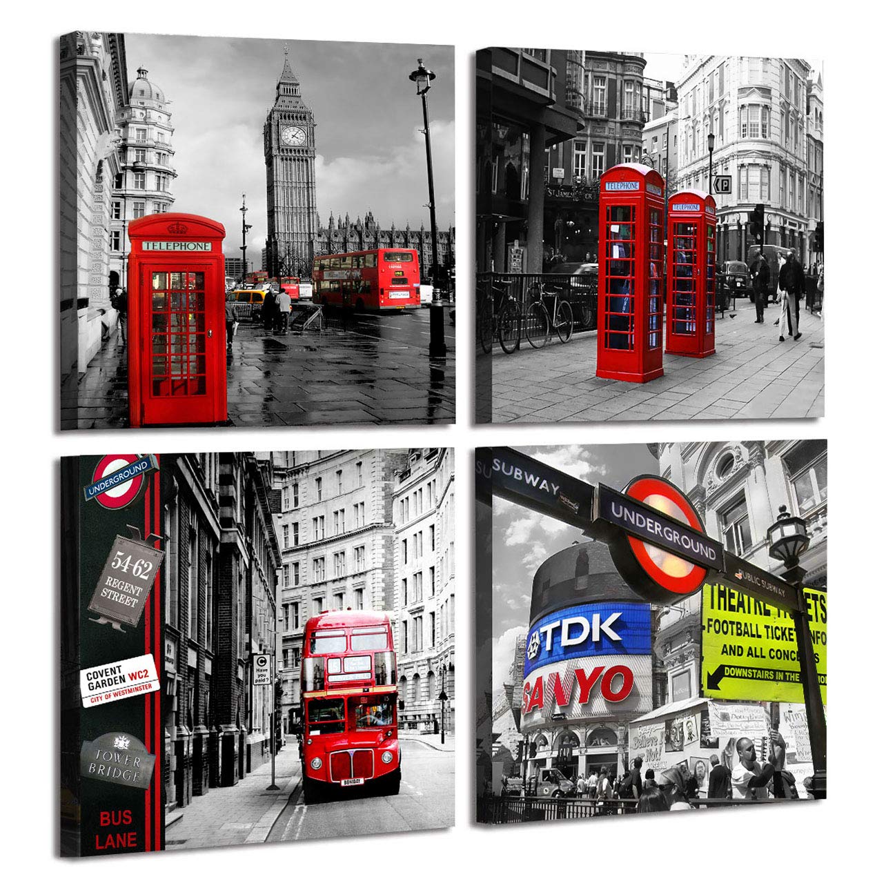 4 Piece Black and White Modern Buildings Canvas Wall Art Painting Giclee Big Ben and Red Telephone Booth in London England Europe Picture Wall Decor for Living Room 14x14 inch