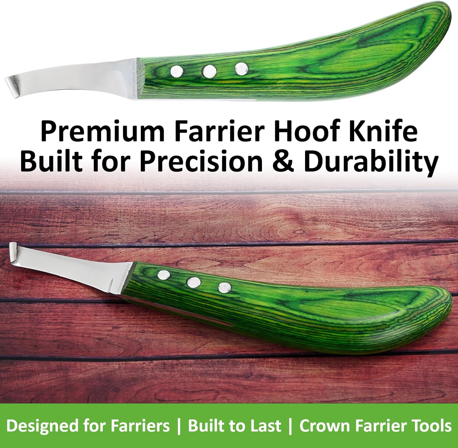 – Super Sharp Hoof Knife | Stainless Steel Blade with Wooden Handle | Professional Farrier Hoof Trimming Tool for Horses & Equine Hoof Care (Green Right-Hand)