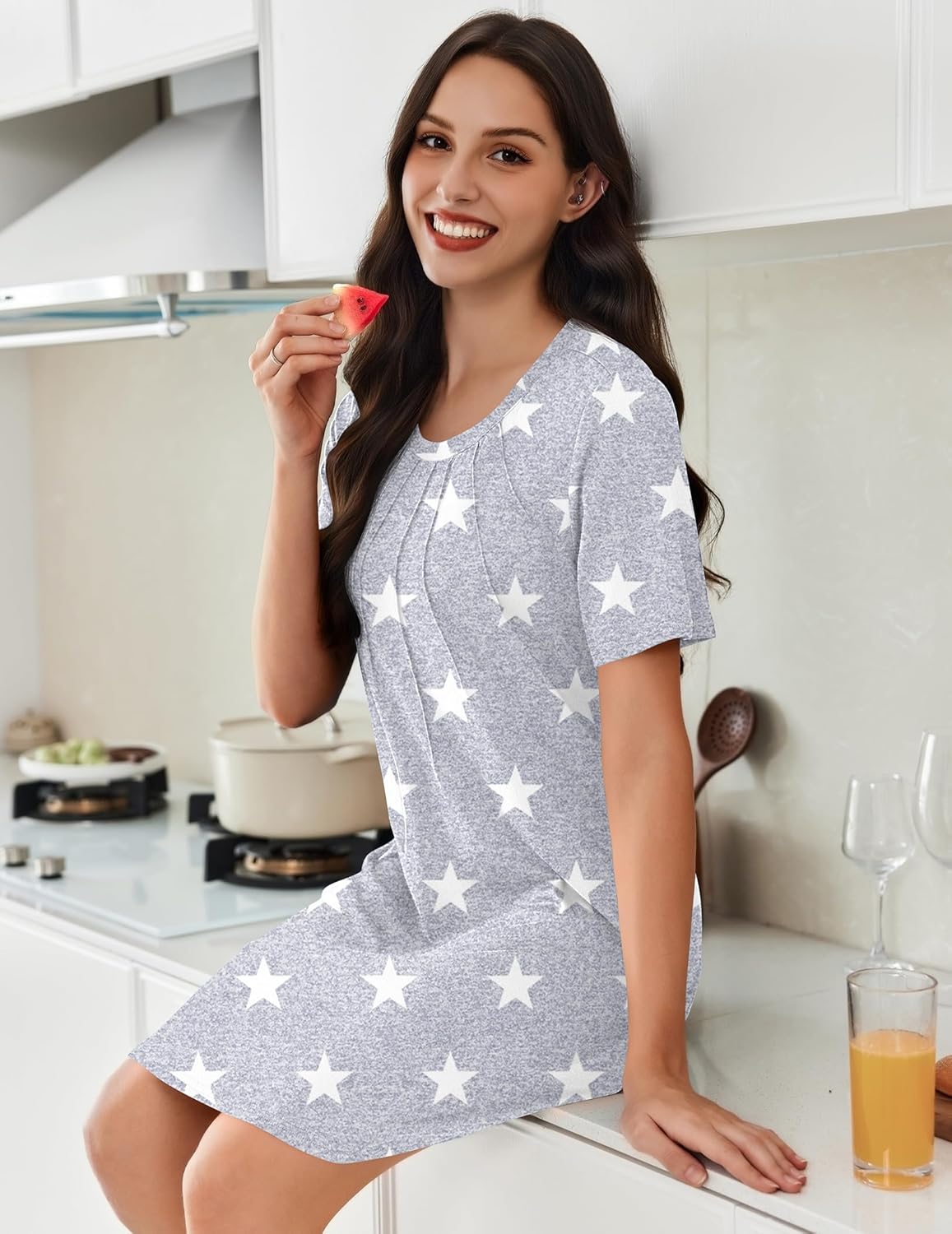 Ekouaer Nightgowns for Women Pleated Nightshirts Short Sleeve Sleepshirts Crew Neck Sleepwear Soft Night Gown Sleepdress - Image 4