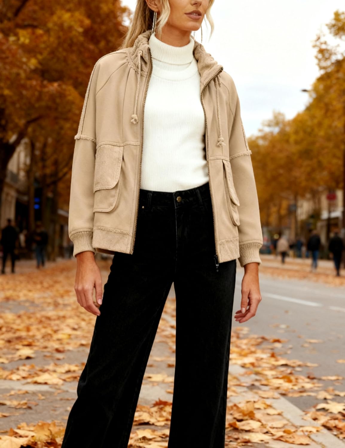 Fiona Jolin Womens Fall Casual Jackets Cotton Classic Zipper Fashion Coat Adjustable Stand Collar Streetwear with Pockets - Image 4