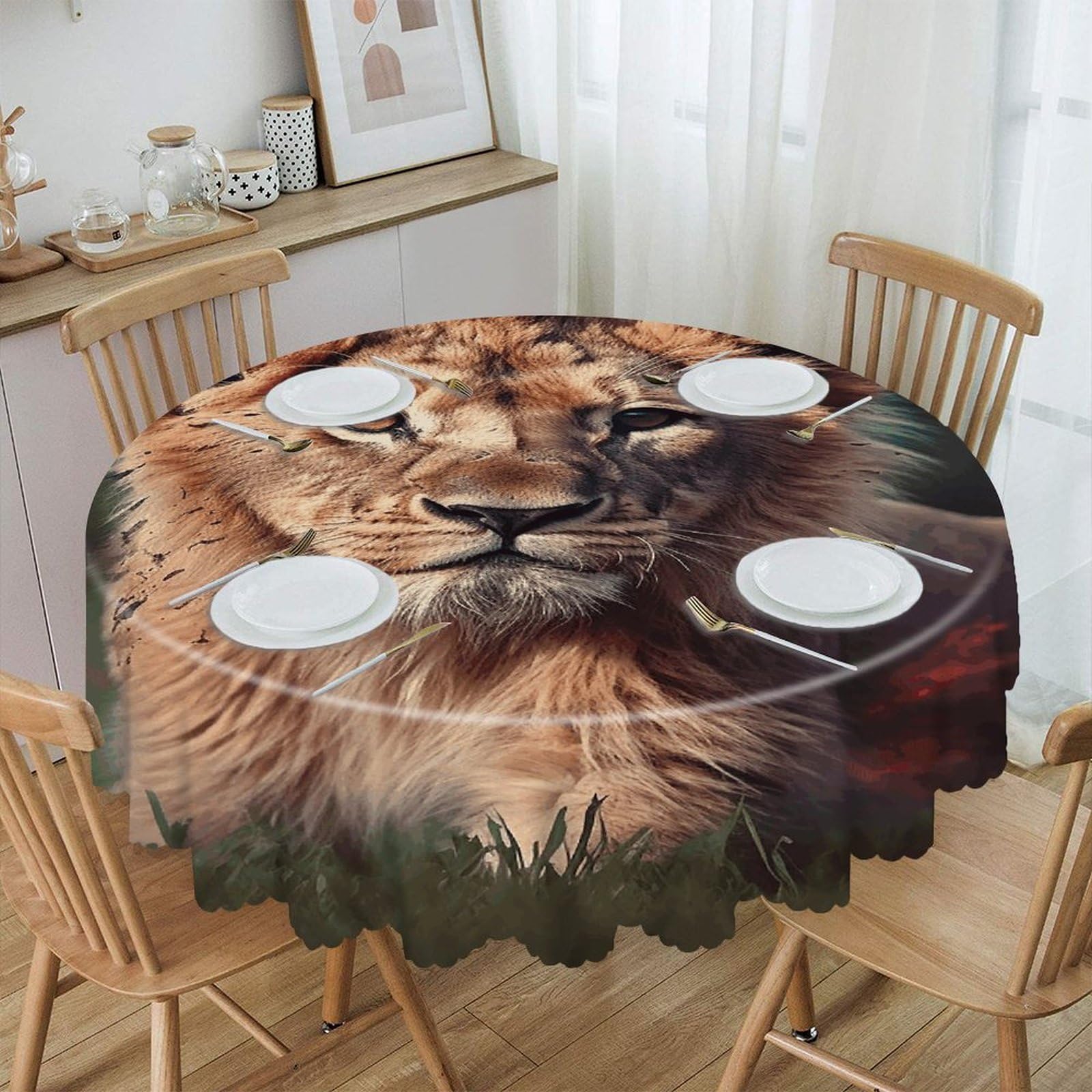 VstaDank Art Lion Round Tablecloth 60 Inch Easy to Clean Circle Table Cover Thick Decorative Round Polyester Table Cloth for Dining Kitchen Party Farmhouse Outdoor