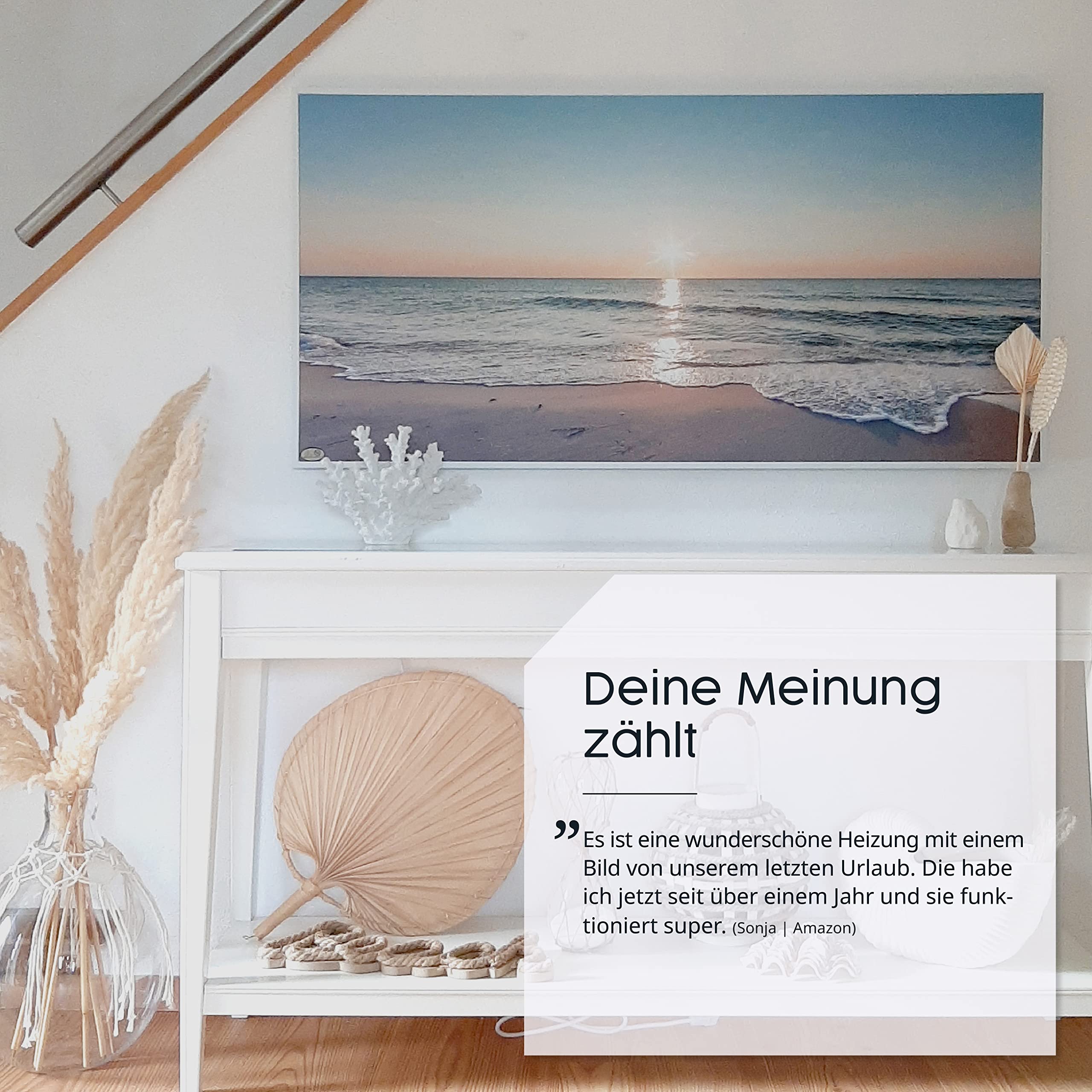 Könighaus Bildheizung 1000 Watt Smart Thermostat 14-26 m² HD-Qualität Palme Meer TÜV SÜD 5 Jahre Garantie