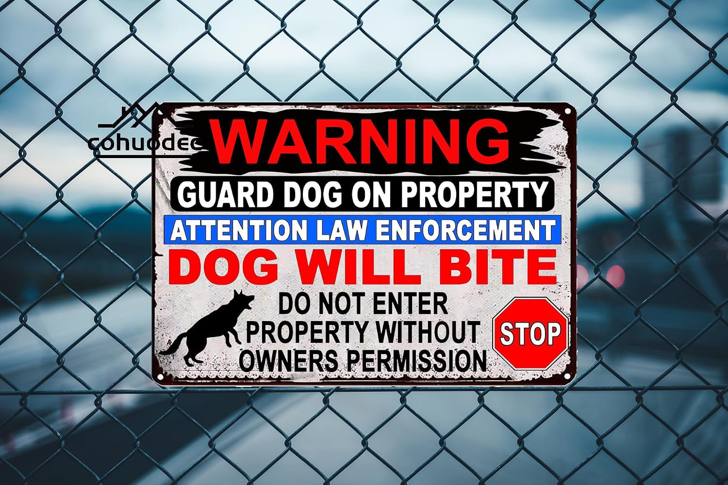 Beware of Dog Sign No Trespassing Guard Dog on Duty Sign Dogs Will Bite Attack Sign, Novelty Metal Sign for Door Home Patio Garden Bar Farm House Garage Wall Decor Tin Sign 12 X 8 Inch image 2