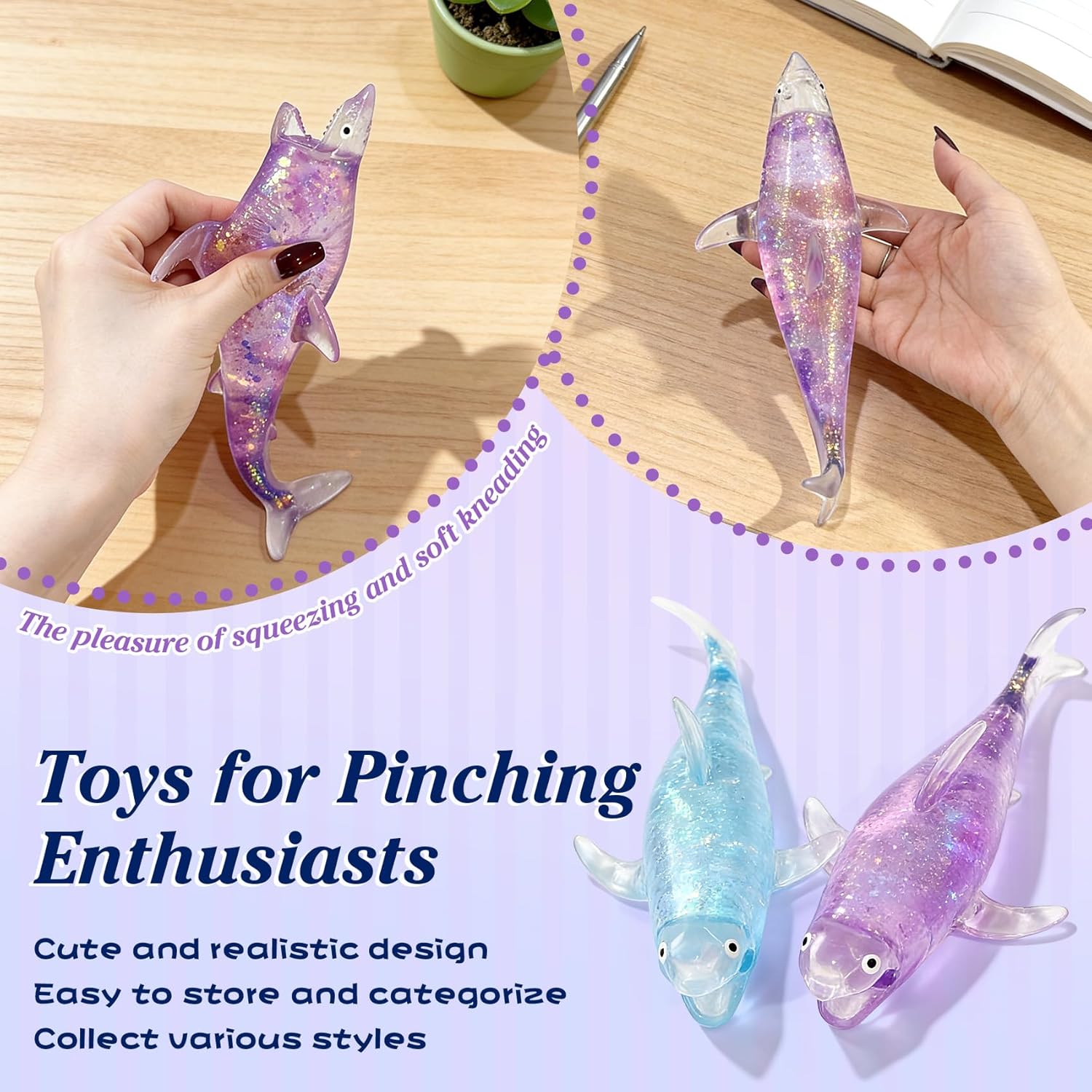 Glitter Shark Stress Balls - Squishy Squeeze Fidgets & Desk Accessories for Adults & Teens - Sensory Sugar Ball Texture for Office, Party Favors, and Novelty Gifts (Blue and Purper)