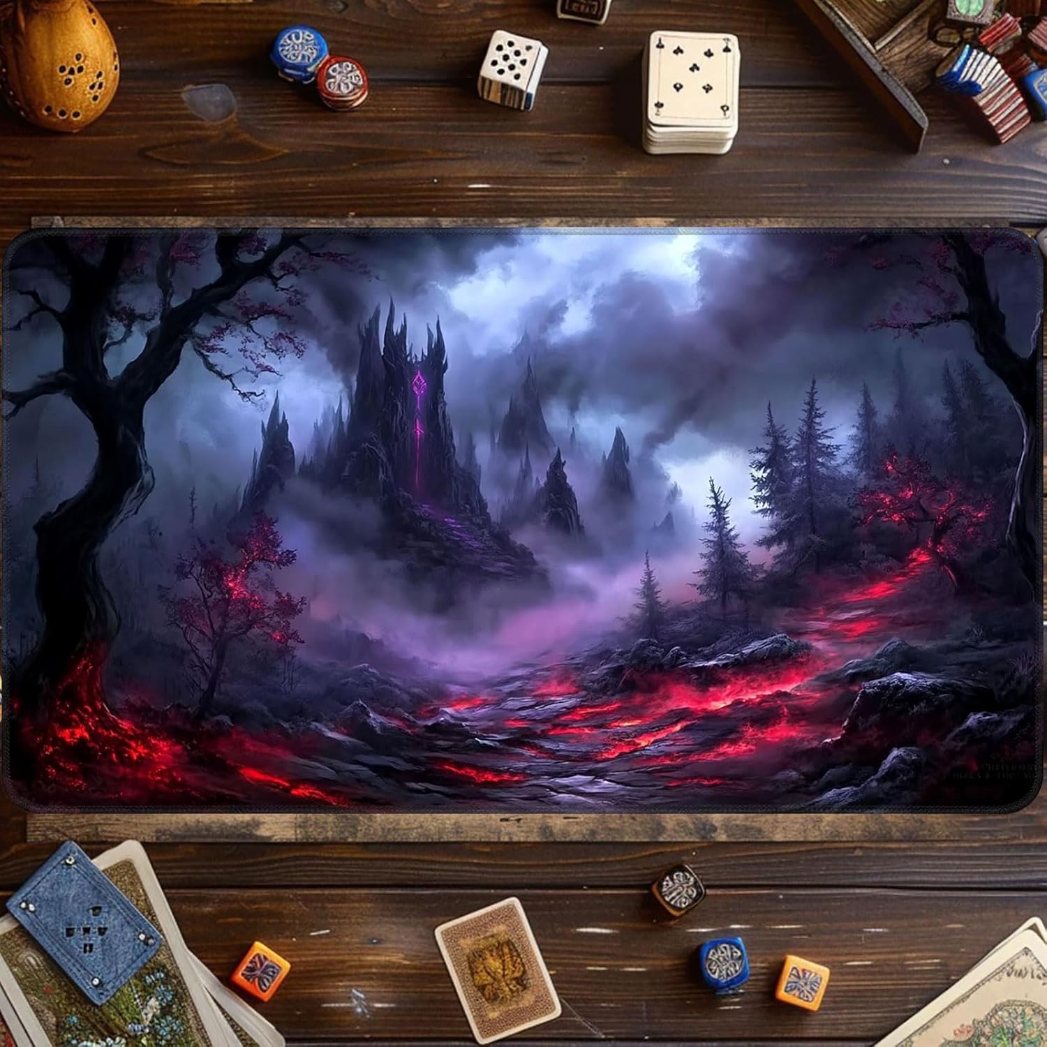 Card Game Playmat for MTG & TCG, 24x14 inch Non-Slip Magic Playmat, Durable Rubber Surface, Ideal for Card Games & Board Games, Portable with Storage Bag, Dark Fantasy