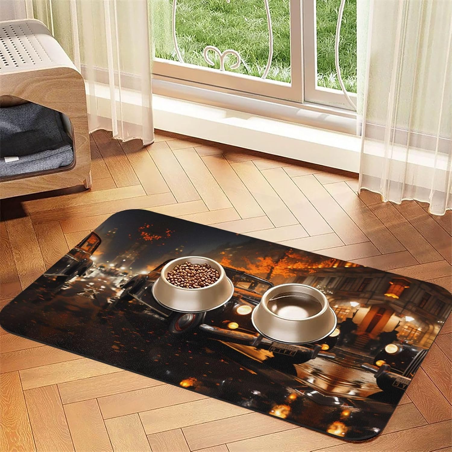 40x60cm Pet Absorbent Feeding Mat - London Black Cab Print Leather Non-Slip Placemat, for Dog Cat Food and Water Bowl Pads