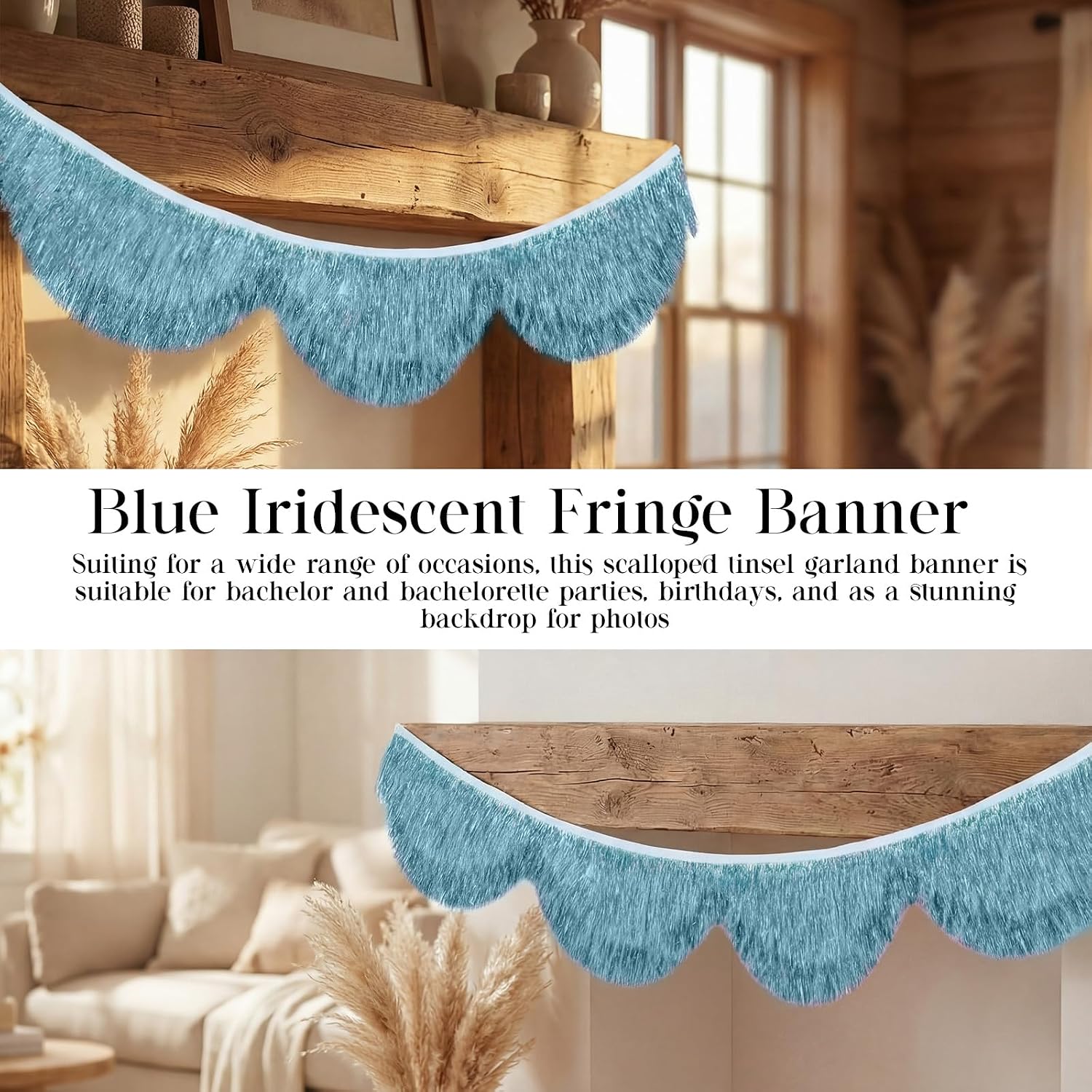 Blue Iridescent Scalloped Layered Fringe Banner 5.9ft Bachelorette Party Decorations, Coastal Birthday Party Decor, Baby Shower Supplies, Ocean Themed Photo Booth Banner Backdrop