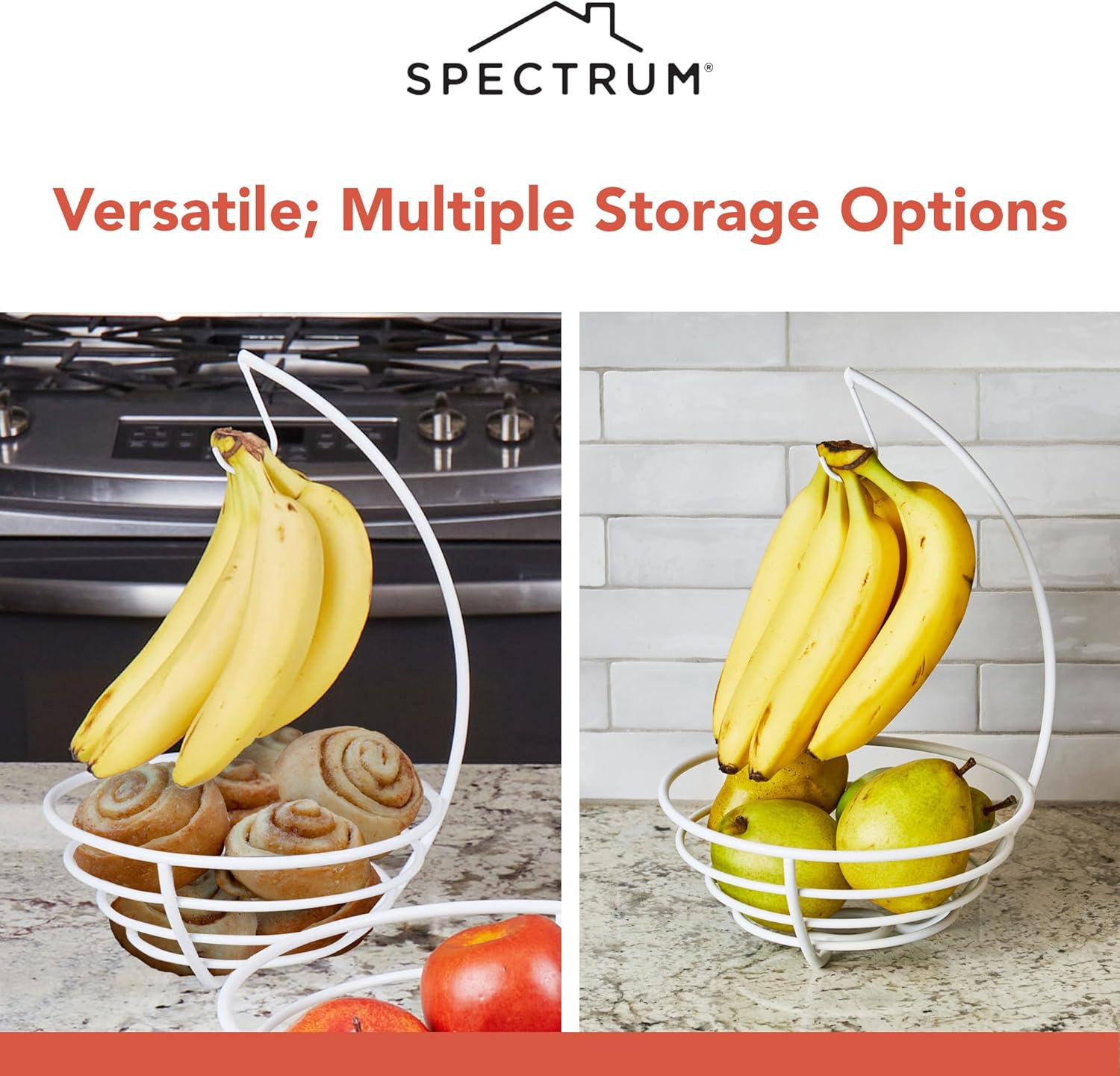 Spectrum Euro Small Fruit Bowl and Banana Hanger Tree for Fresh Food Vegetables Bread and Snacks, Modern Kitchen Countertop Fruit Basket Produce Saver Basket and Banana Holder, Matte White