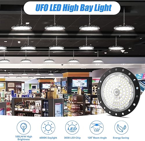 Miniatura 6 de Paquete de 6 luces LED UFO de 200 W, 20000 lm LED de alta bahía con enchufe de 110 V de EE. UU., luz blanca diurna de 6500 K para área de ubicación
