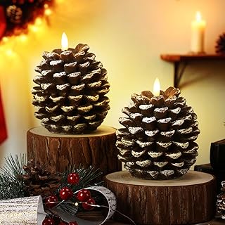 Baquler 2 Pcs LED Pine Cone Candles, Battery Operated, Flameless, Real Wax Pine Cone Candles with LED Flickering for Christmas Party Decoration