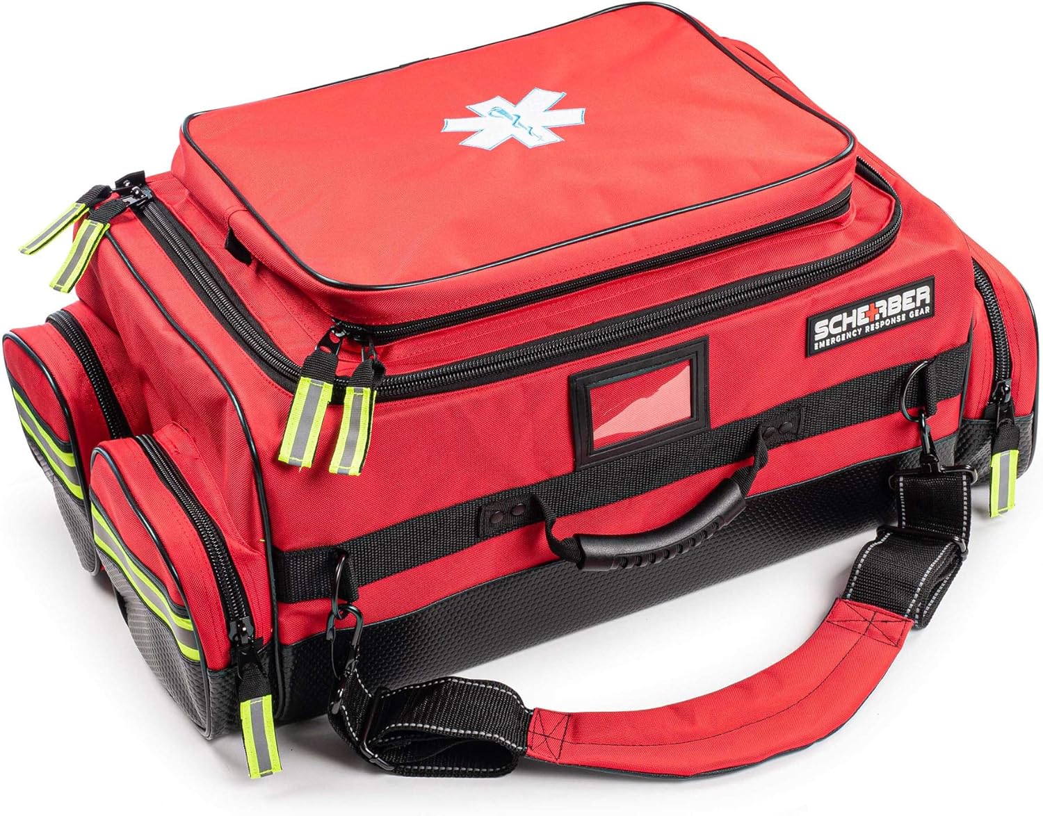 Scherber First Responder O2 Bag | Ultimate Professional EMT/EMS Trauma Oxygen Kit | Durable Reflective 600D Water Repellant Bag w/10+ Compartments, Zippered Pockets, Dividers & Padded Strap | XL - Red