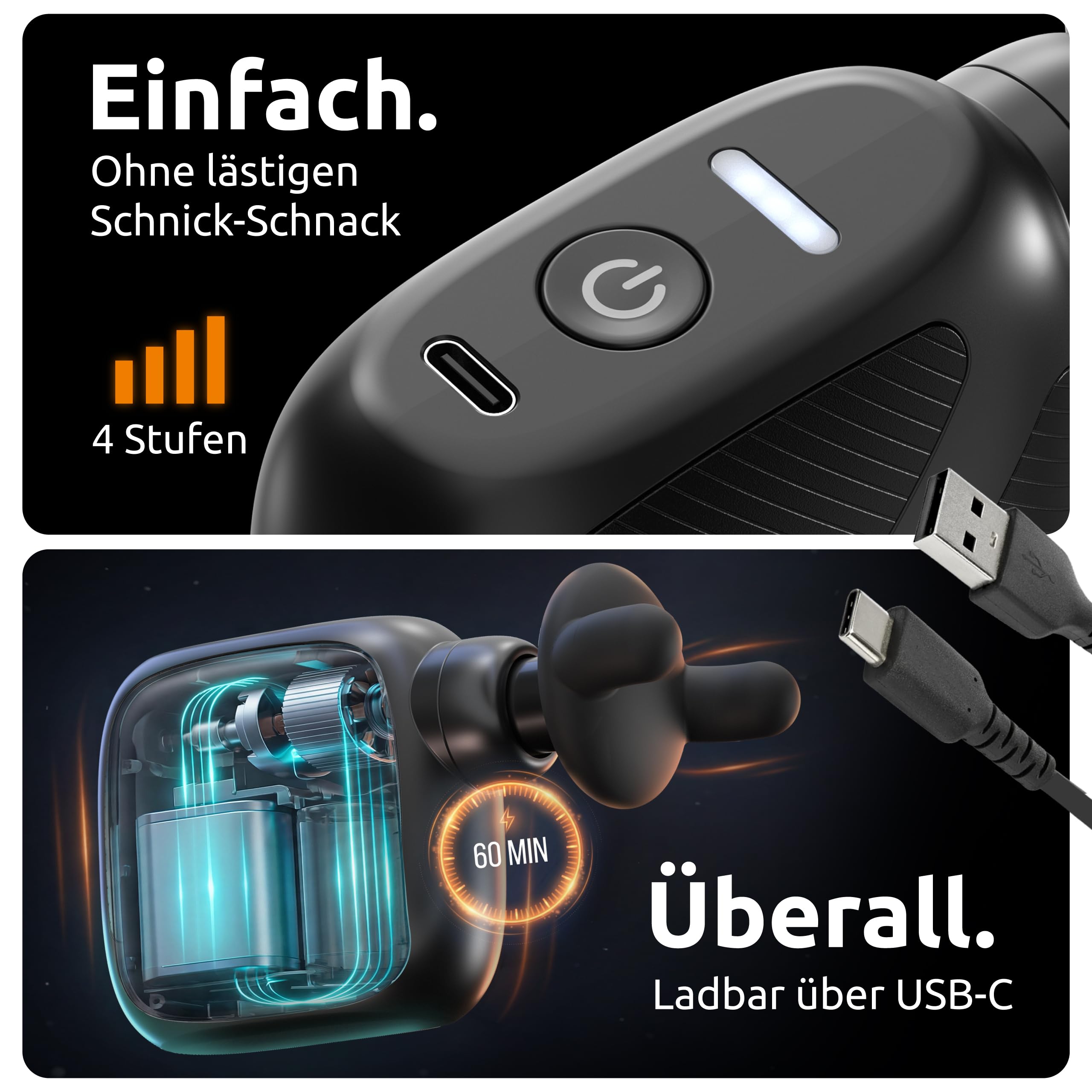 Mini Massagepistole - Kompakt & flüsterleise für Nacken, Rücken & Triggerpunkte - Effektive Tiefenwirkung mit 6 mm Hub, 4 Stufen, 230 g leicht, USB-C, inkl. Case & Silikonköpfe (Schwarz)