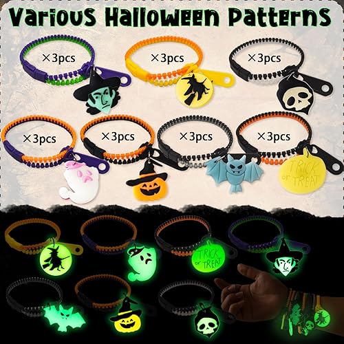 Miniatura 3 de kockuu 21 pulseras de Halloween con cremallera para niños pequeños, pulseras de golosinas de Halloween que brillan en la oscuridad, recuerdos de